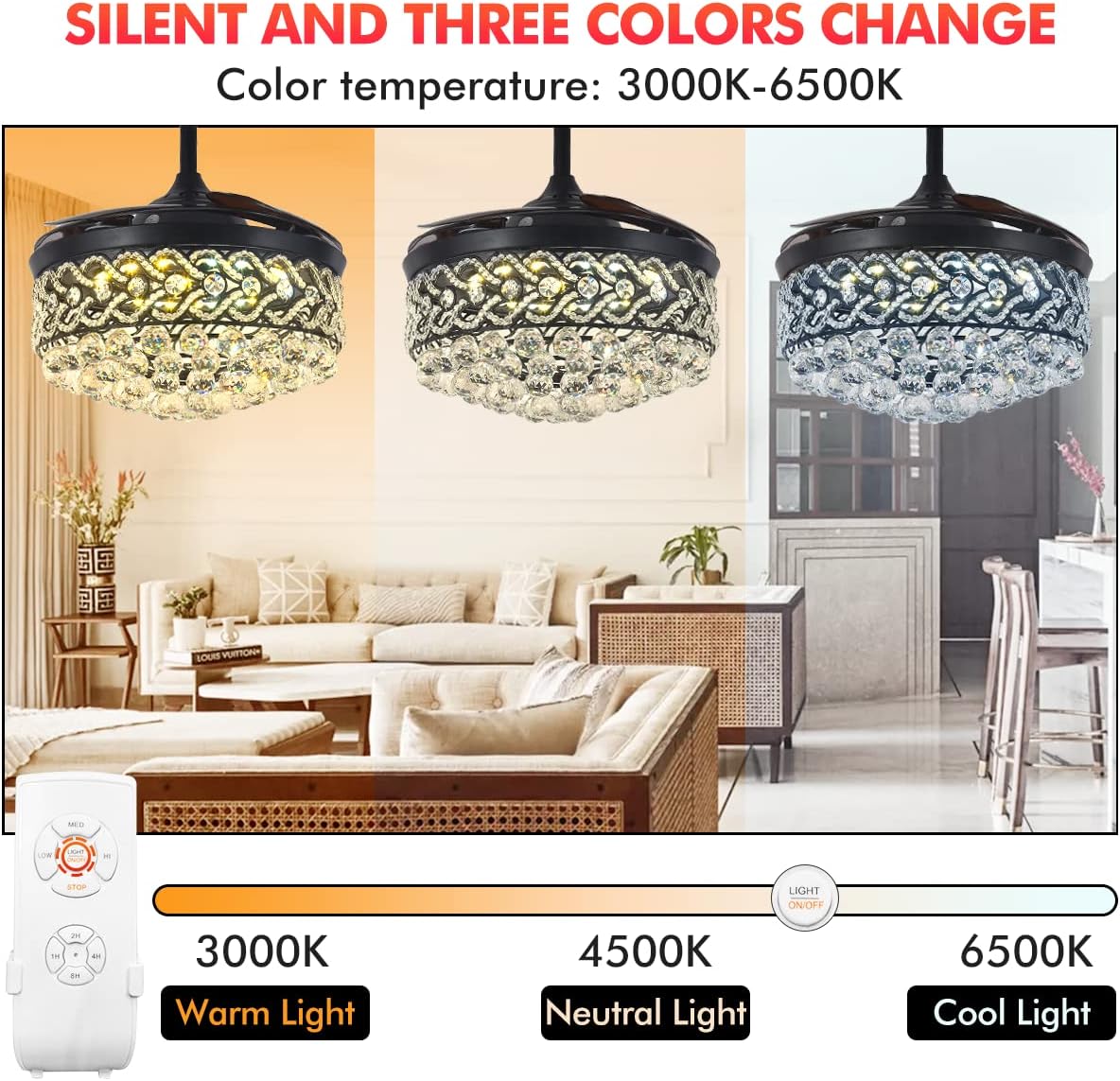 Black Crystal Chandelier Fan, 42' Fandelier Ceiling Fan with Light, Ceiling Fans with Retractable Blades Lights and Remote for Living Dinning Room