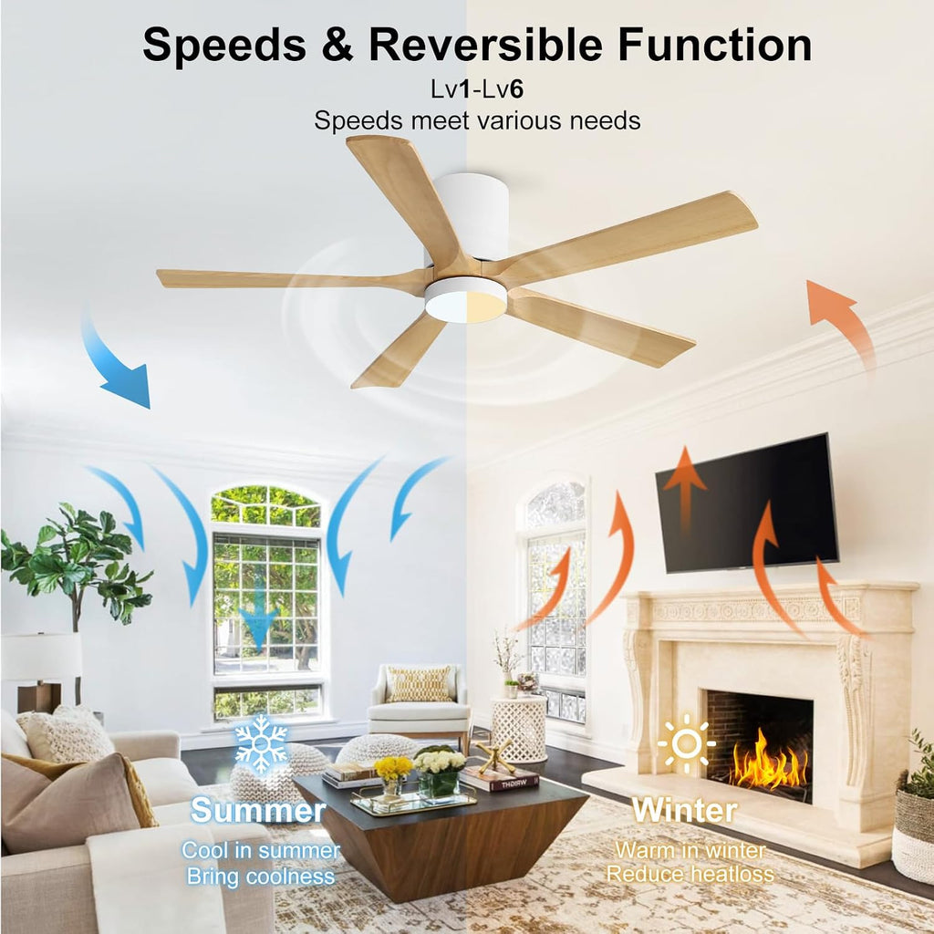 ELEHINSER 52 Inch Flush Mount Ceiling Fan with Lights, Low Profile Modern Ceiling Fan with Remote, Quiet DC Motor, 6-Speed, 3CCT,Timer, 5 Solid Wood Blades, White+Light Wood