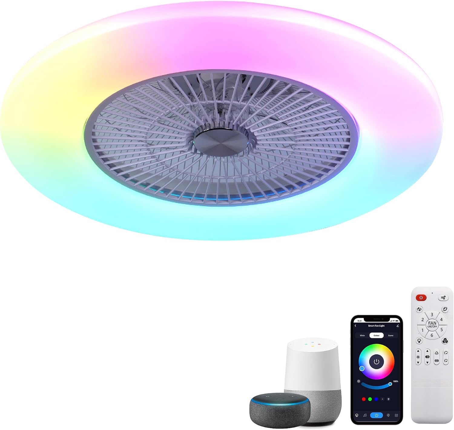 24' Bladeless Low Profile Ceiling Fans with Lights and Remote/APP/Voice Control, Low Profile Ceiling Fan with RGB Lights, Enclosed White