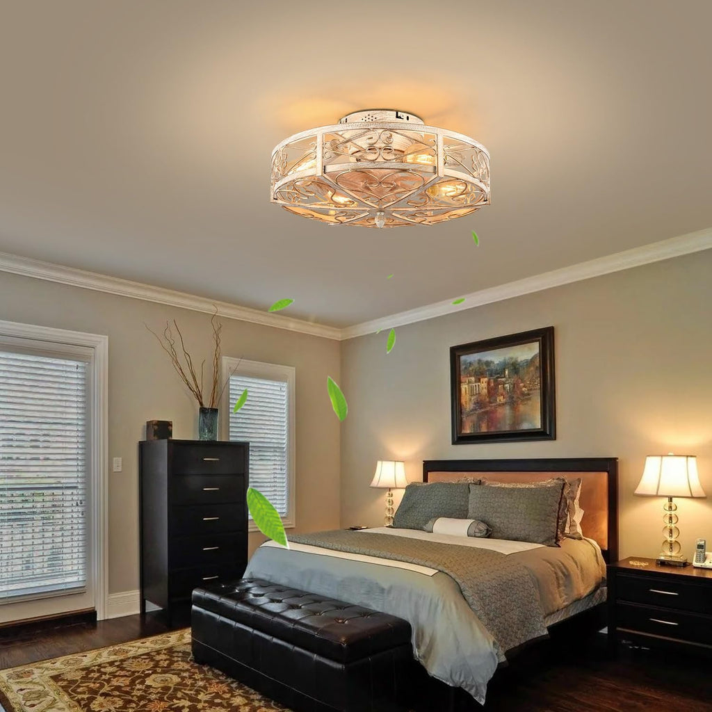 20' Caged Ceiling Fan with Light,Vintage Rustic Farmhouse Kitchen Decor,Bladeless Ceiling Fans with Lights and Remote,Low Profile Fan for Bedroom,Reversible 6 Speeds Motor,4 E26 Bulbs Included