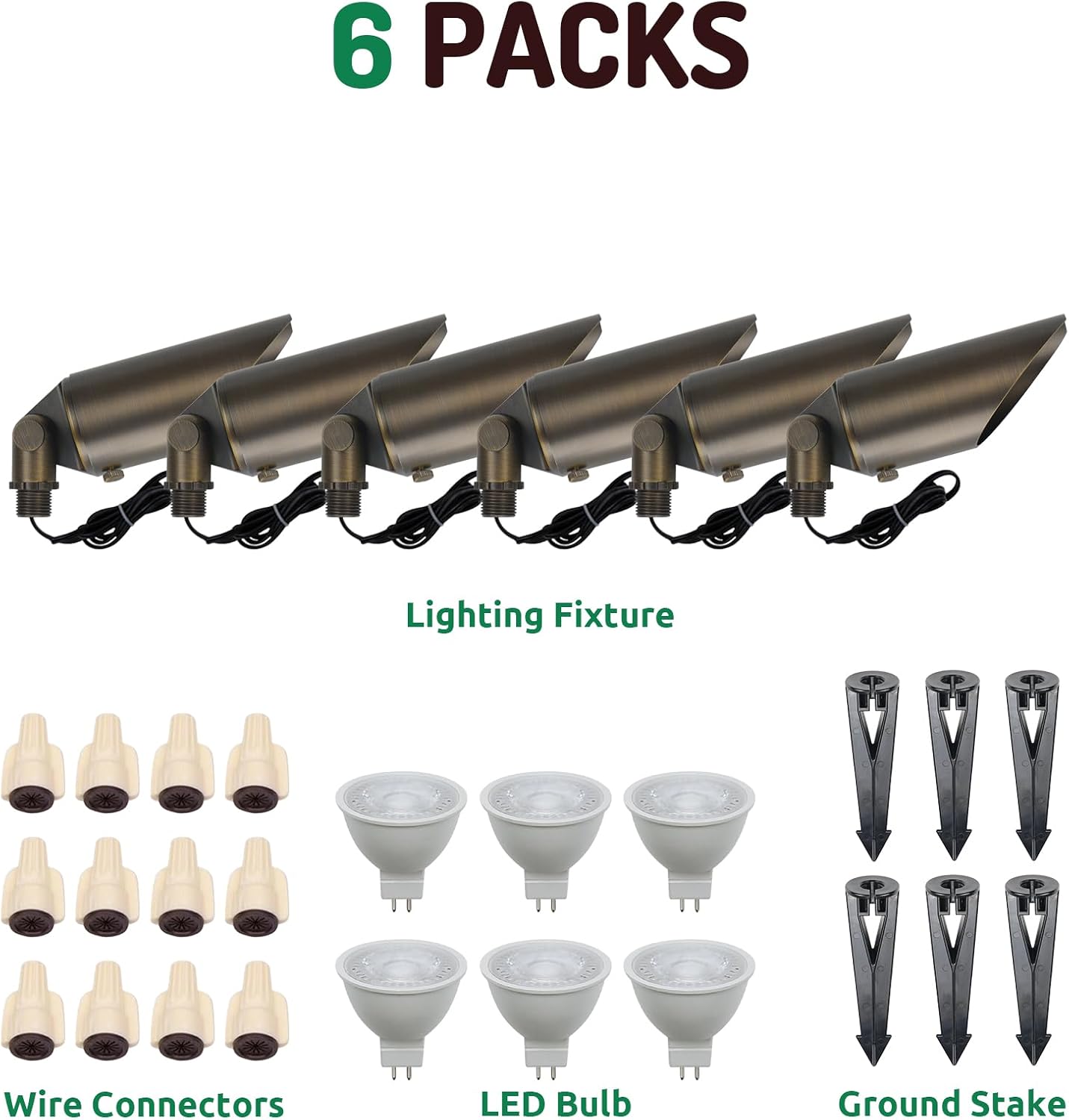 DOSHINE® Solid Brass Landscape LED Spotlights Outdoor Low Voltage Landscape Lighting AC/DC 12V Uplight Accent Light for Tree Garden Yard with Replaceable 5W 3000K Warm White 560LM MR16 Bulb (6-Pack)