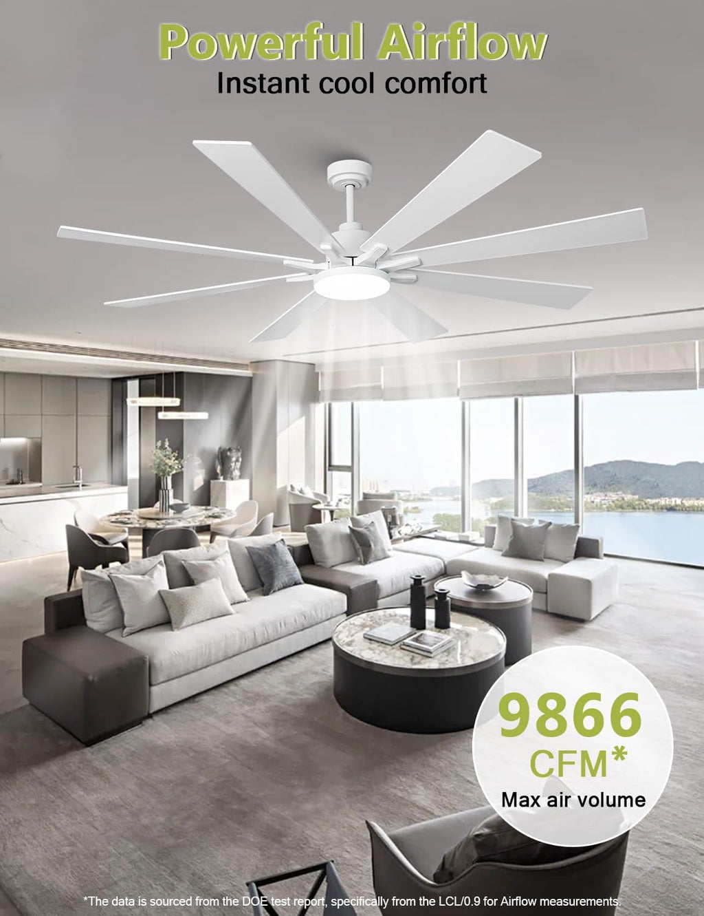 72 Inch Modern Ceiling Fans with Lights and Remote Large Airflow Ceiling Fan,Dimmable Lighting, Reversible DC Motor, Noiseless, Indoor Outdoor Use for Living Room, Office, Garage, Matte White