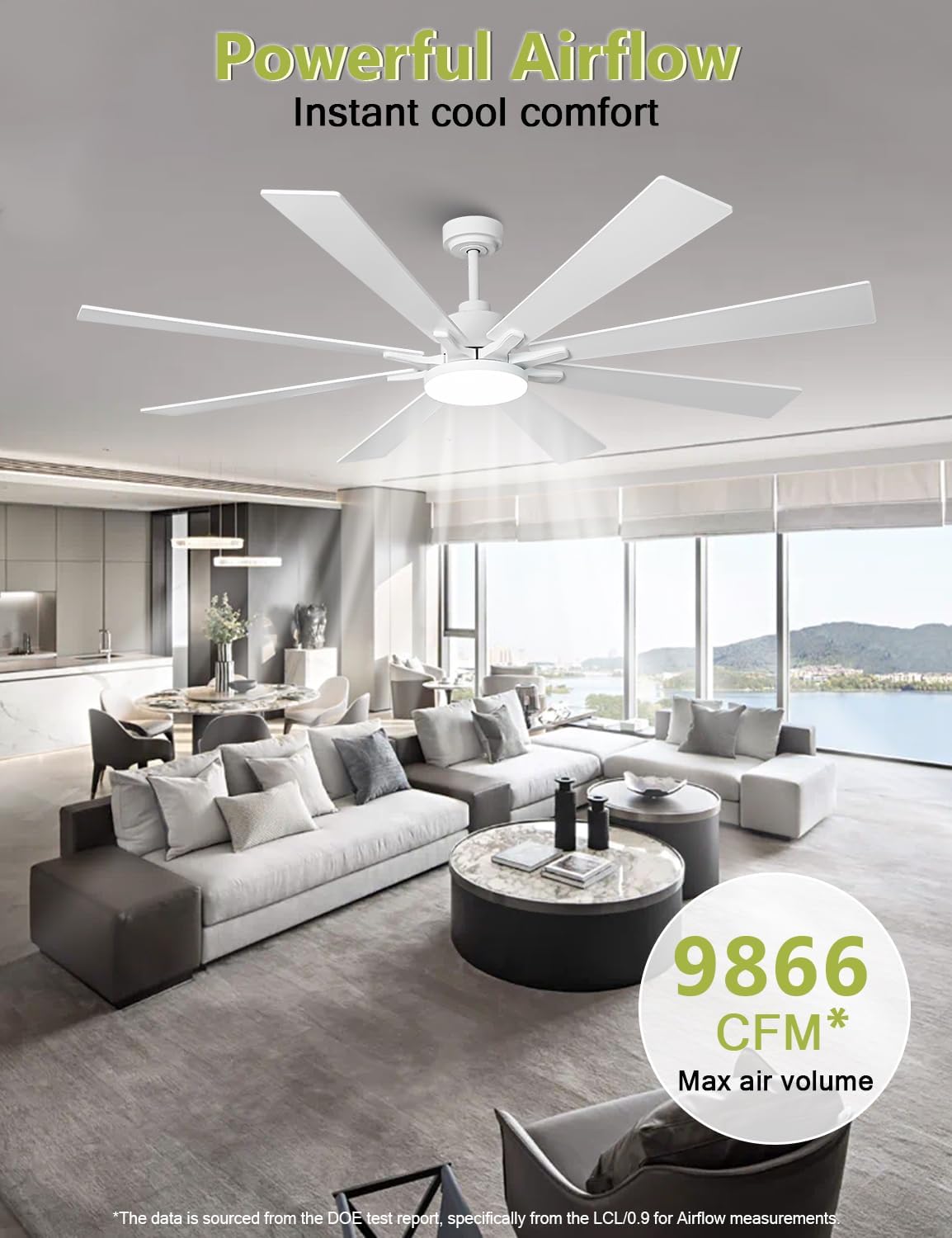 72 Inch Modern Ceiling Fans with Lights and Remote Large Airflow Ceiling Fan,Dimmable Lighting, Reversible DC Motor, Noiseless, Indoor Outdoor Use for Living Room, Office, Garage, Matte White