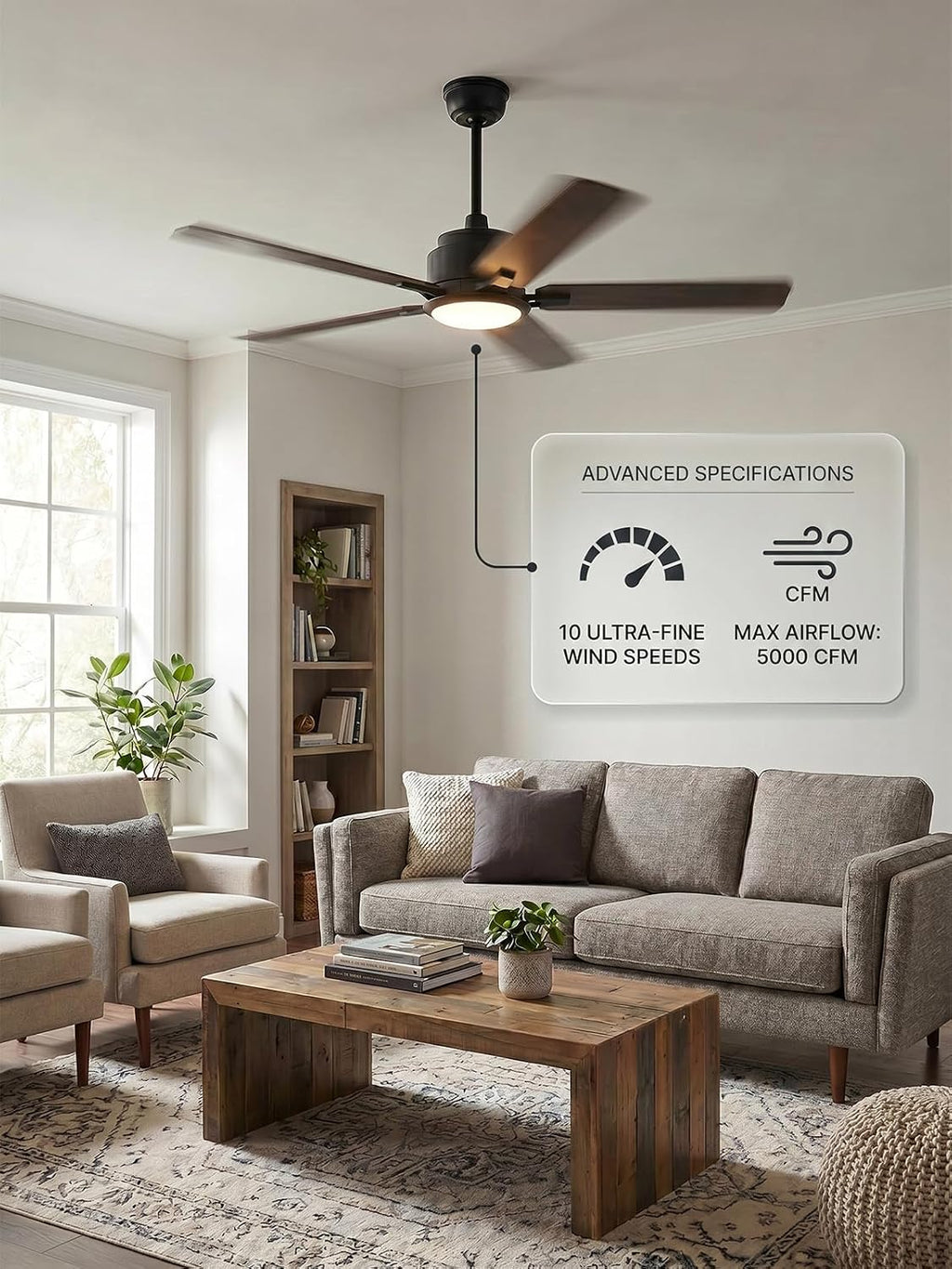 CEME 52 Inch Smart Ceiling Fan with Lights and Remote, Compatible with Alexa Google Assistant Siri, 10-Speed Quiet DC Motor, 3-Color Dimmable LED Light, 5 Plywood Blades, Sloped Ceiling, ETL Listed