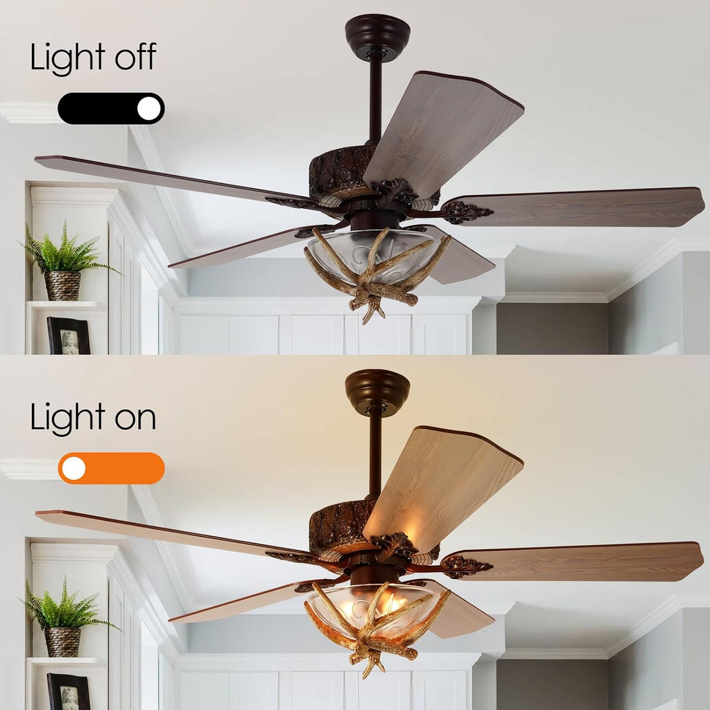 Antler Rustic Ceiling Fan with Lights and Remote, Antlers Chandelier Ceiling Fan Light, Indoor Electrical Fan with 5 Wood Blades for Hunting, Farmhouse, Bedroom Living Room(46 Inch)