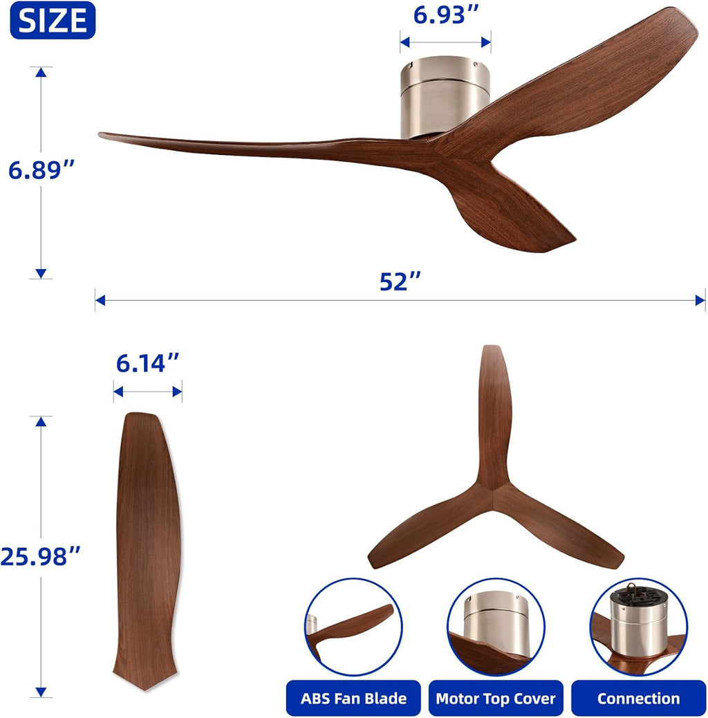 52-Inch Ceiling Fan Without Light, Modern Low-Profile Flush Mount Fan with Remote, 6-Speed Reversible Quiet DC Motor,for Balcony, Living Room, Bedroom (No Light)