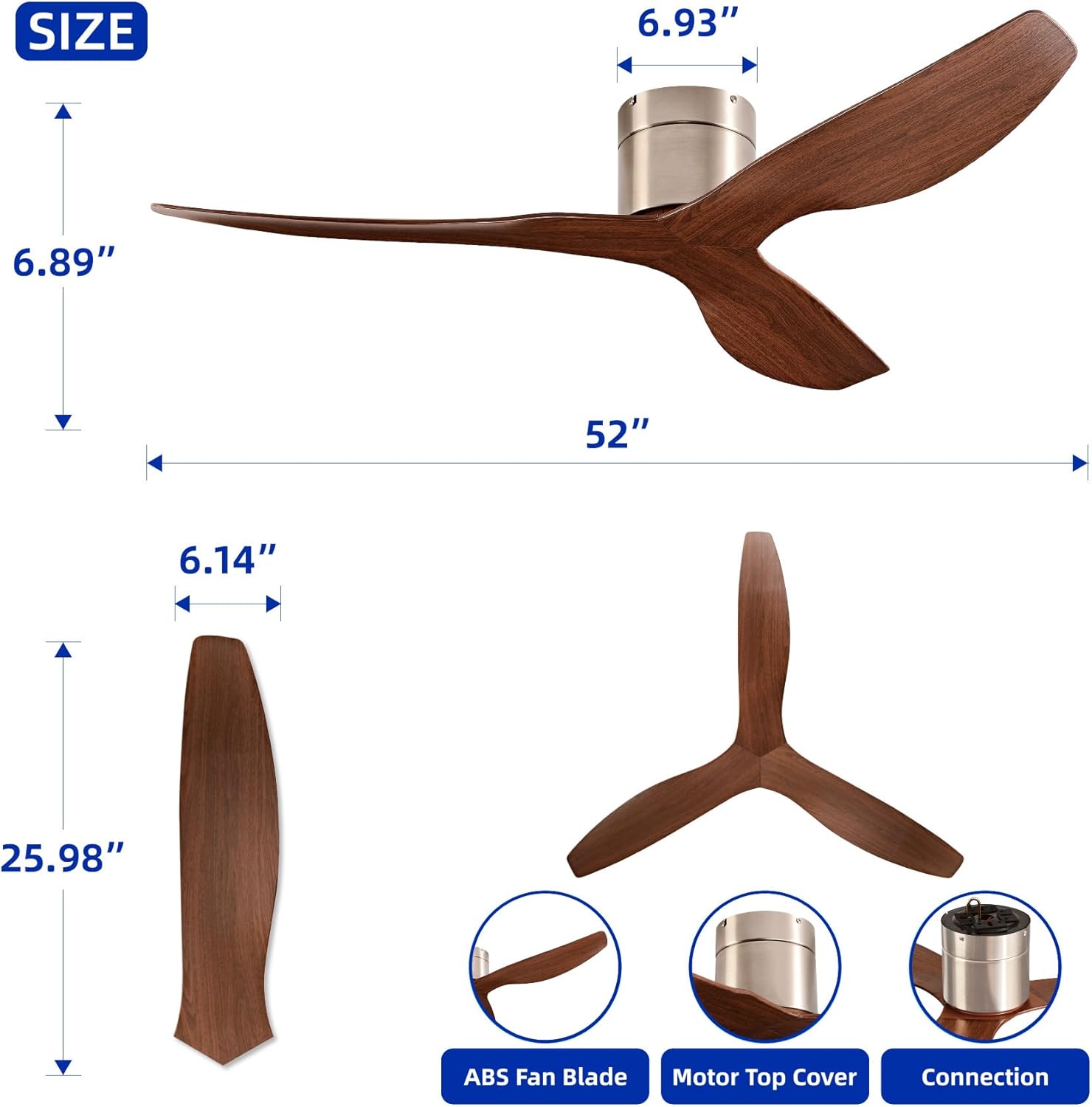 52-Inch Ceiling Fan Without Light, Modern Low-Profile Flush Mount Fan with Remote, 6-Speed Reversible Quiet DC Motor,for Balcony, Living Room, Bedroom (No Light)