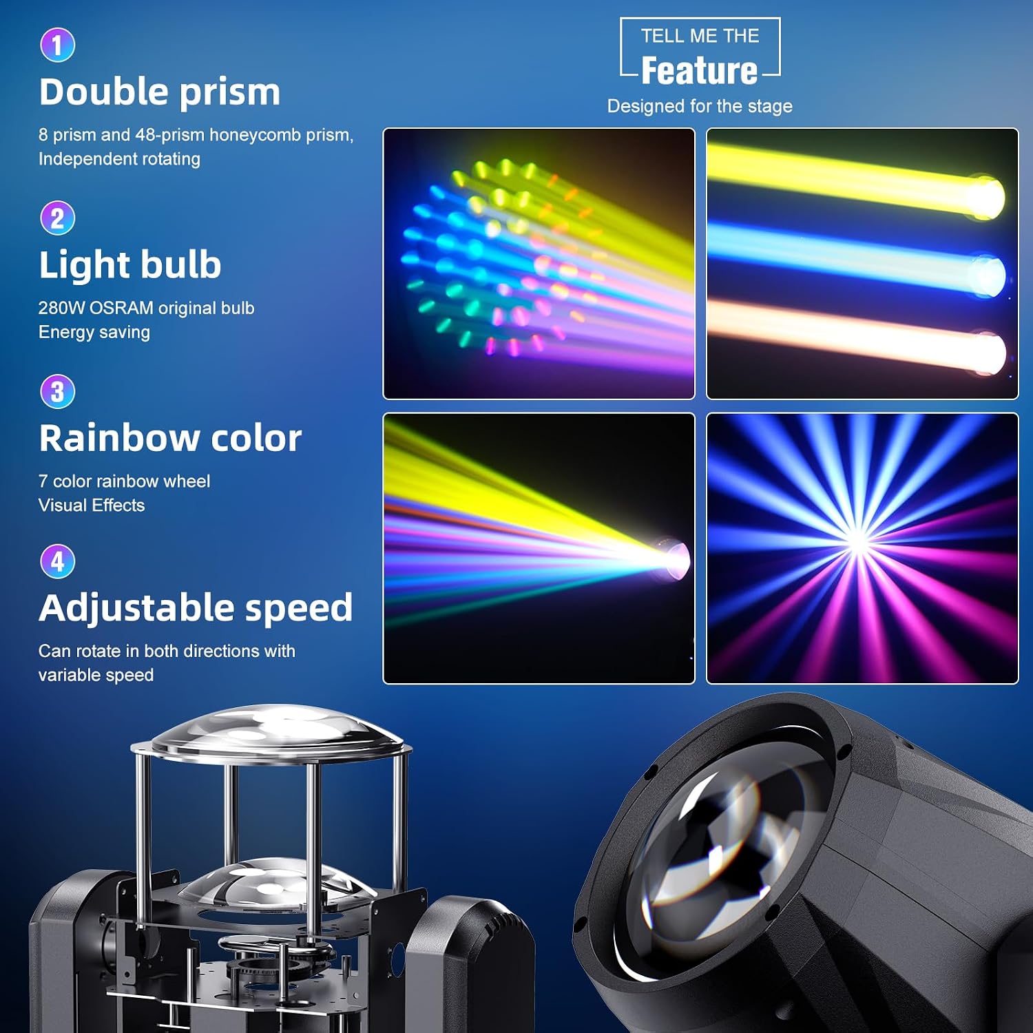 Moving Head Light 280W 10R WZYBUTA LED Beam Stage Lights DJ Lights 17 Gobos 15 Colors DMX512 Prism Rainbow Effect Spotlights Sound Activtaed for Bar Disco Wedding Concert Lighting (8 Pack)