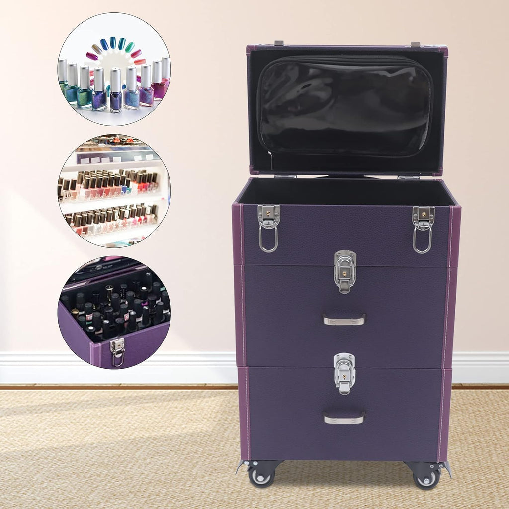 Professional Rolling Makeup Case Train Case Cosmetic Organizer Trolley Lockable Rolling Make-ups Case Storage Cart Makeup Train Case Cosmetology Case On Wheels (Purple|3 trays|Type C)