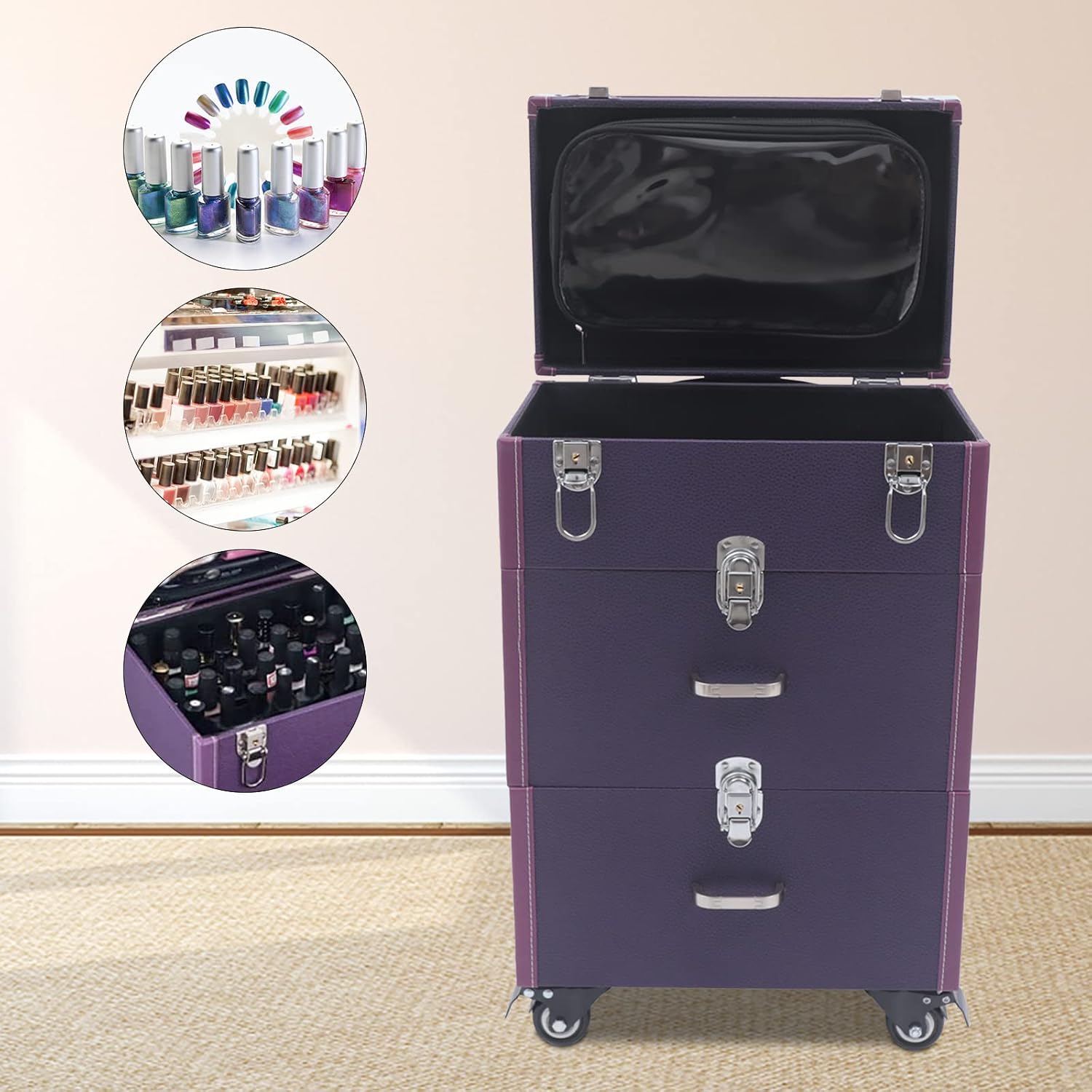 Professional Rolling Makeup Case Train Case Cosmetic Organizer Trolley Lockable Rolling Make-ups Case Storage Cart Makeup Train Case Cosmetology Case On Wheels (Purple|3 trays|Type C)