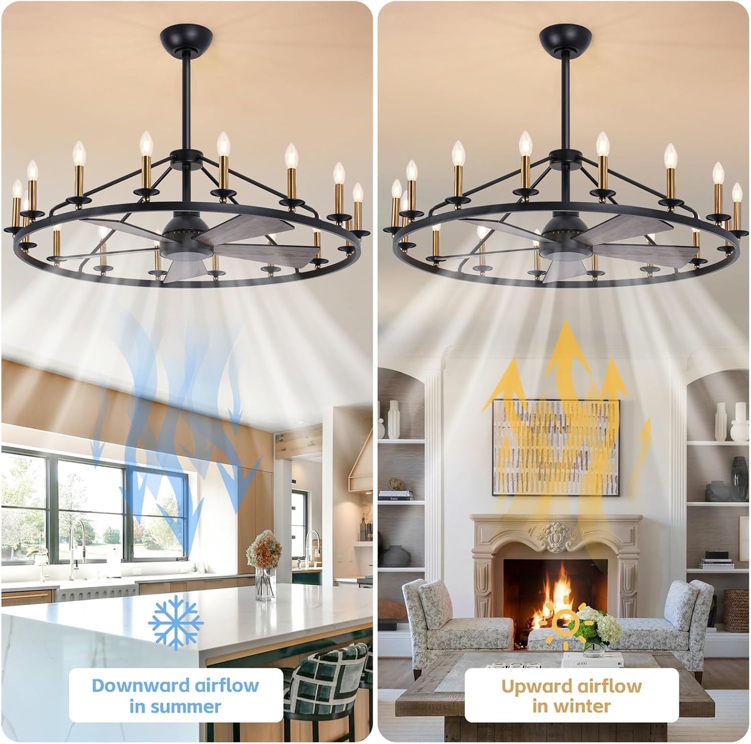 44' Black+Gold Wagon Wheel Chandelier with Fans, Farmhouse Ceiling Fan with 16-Lights and Remote, Adjustable Height, Rustic Chandelier for Living Room Bedroom, 6-Speed Reversible Large Fandelier