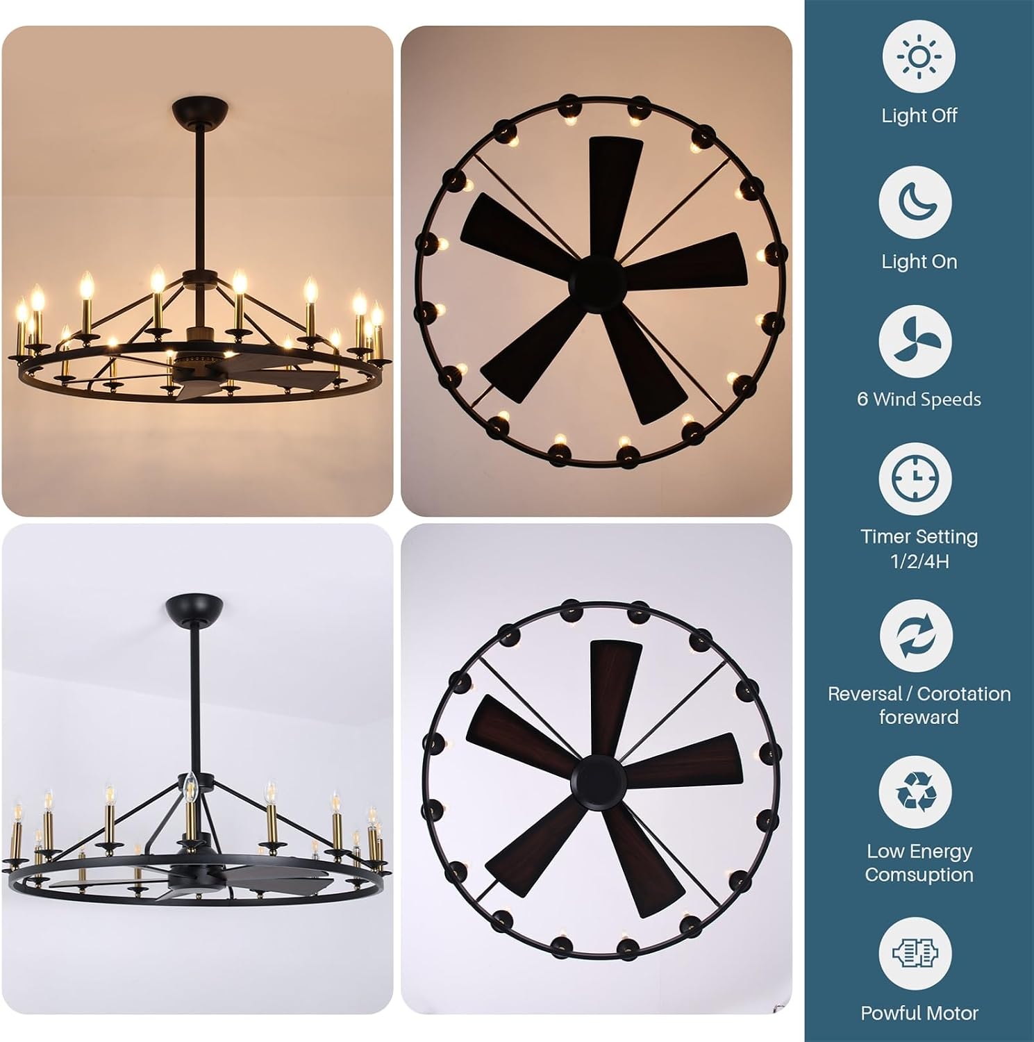 44' Black+Gold Wagon Wheel Chandelier with Fans, Farmhouse Ceiling Fan with 16-Lights and Remote, Adjustable Height, Rustic Chandelier for Living Room Bedroom, 6-Speed Reversible Large Fandelier