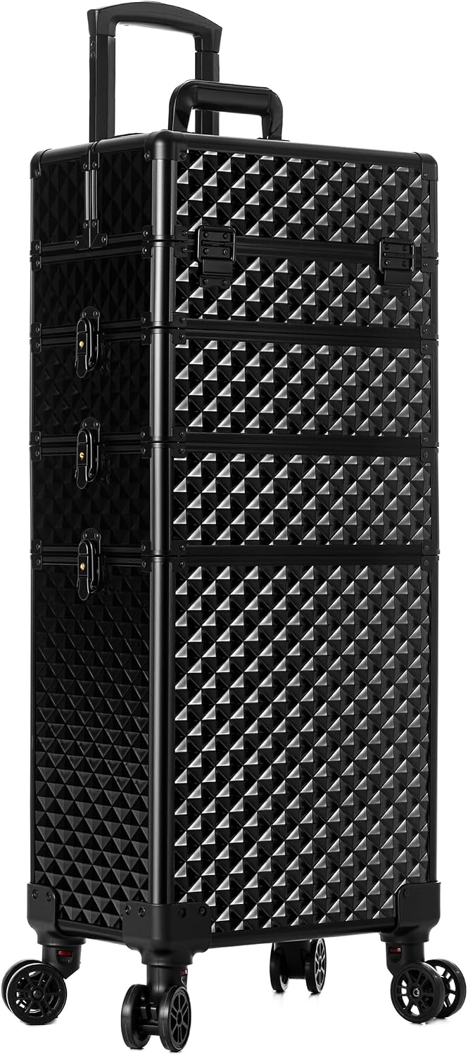 AROUS Rolling Makeup Train Case 4 in 1 Cosmetology Case on Wheels Large Storage Cosmetic Trolley with Key Salon Barber Case Traveling Cart Trunk, Black