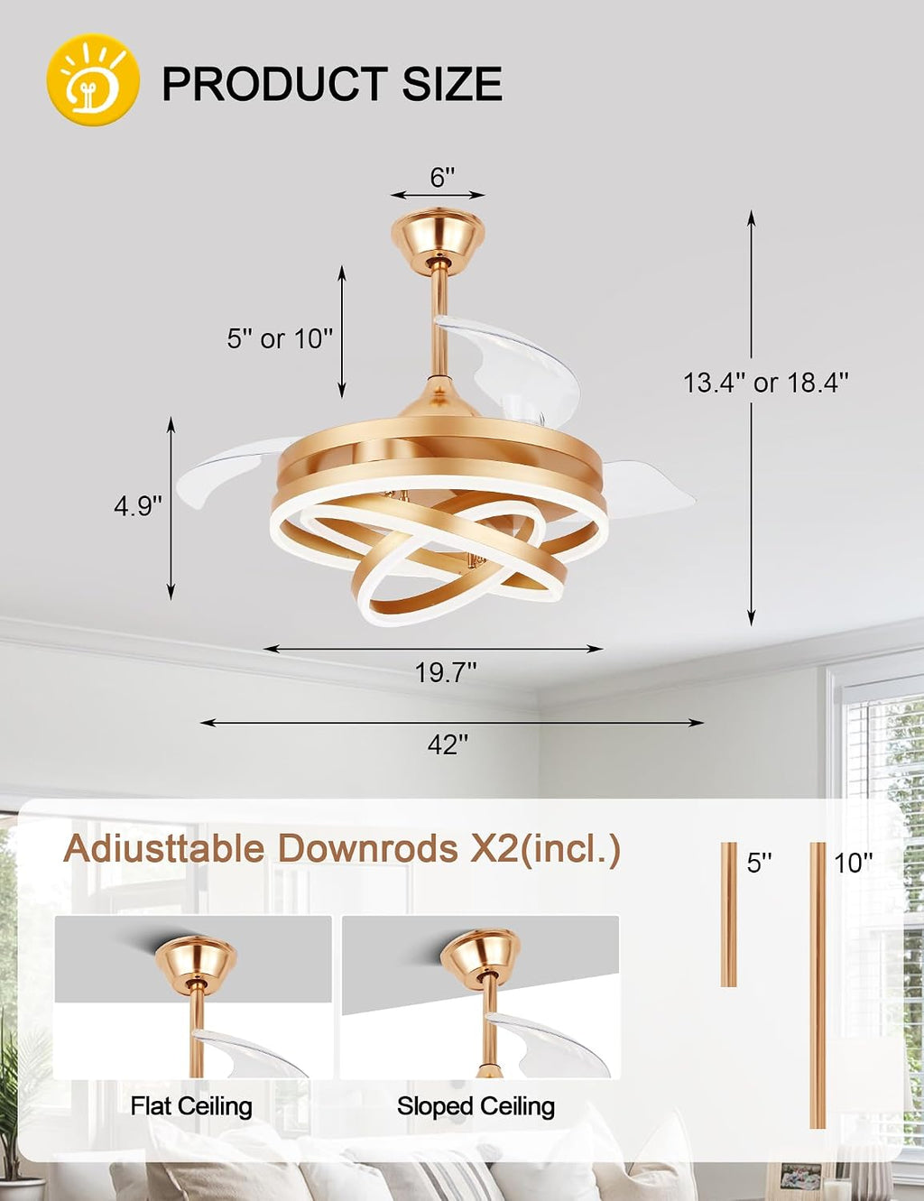 Dawn Whisper 42 Inch Retractable Ceiling Fans Modern Gold Chandelier Ceiling Fans with Lights for Bedroom Living Room Quite DC Motor 6 Speeds 3 Color Dimmable LED Light