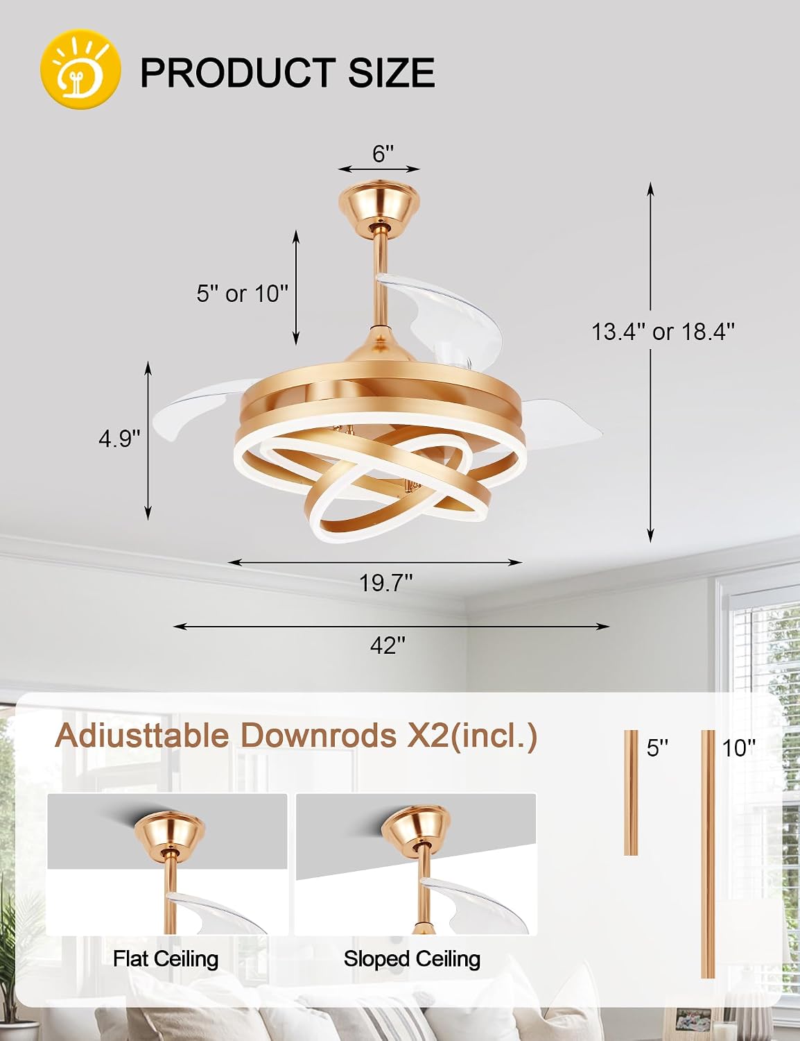Dawn Whisper 42 Inch Retractable Ceiling Fans Modern Gold Chandelier Ceiling Fans with Lights for Bedroom Living Room Quite DC Motor 6 Speeds 3 Color Dimmable LED Light