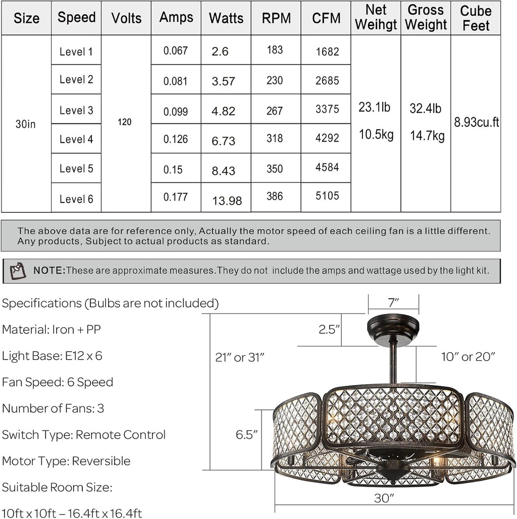 Tangkula Caged Ceiling Fan with Light, 30 Inch Crystal Ceiling Fan with 6 Light Bases, 3 Fan Blades & Remote Control, 6 Speeds, Reversible DC Motor, Timing Function, 6 x E12 Base (Coffee)