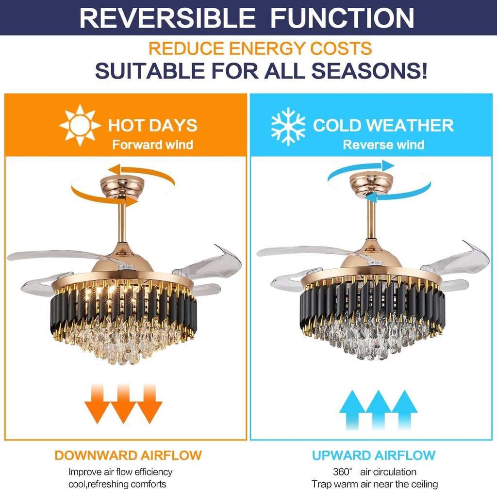 42' Dimmable Gold Fandelier Crystal Ceiling Fans with Lights and Remote Modern Retractable Blade Chandelier Ceiling Fans for Bedroom Dinning Room Living Room