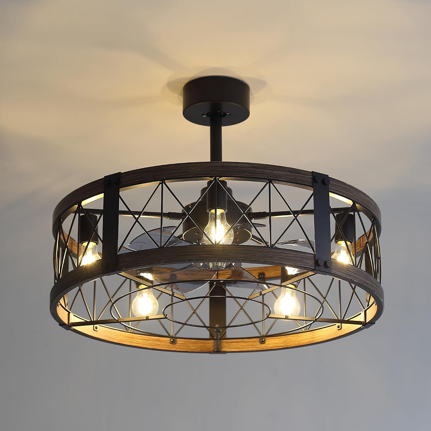 28' Traditional Caged Ceiling Fans with Lights and Remote, 6-Speed Reversible DC Motor, 2 Downrods, Industrial Black and Brown Farmhouse Enclosed Ceiling Fan for Bedroom Living Room
