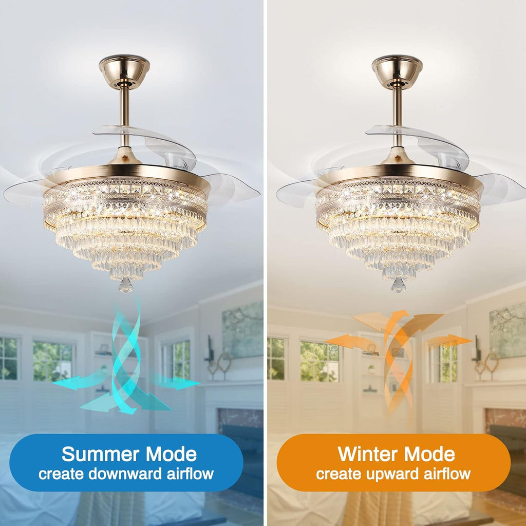 42' Gold Dimmable LED Fandelier with Light Modern LED Crystal Ceiling Fan with Light Invisible Fandeliers 3 in 1 Color with Memory Function