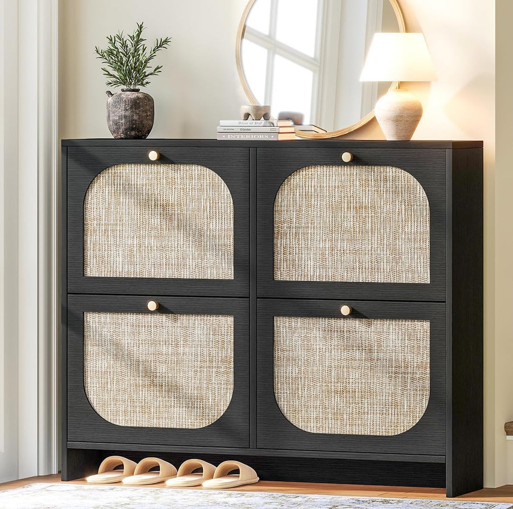 Nicetree Shoe Cabinet Storage for Entryway, Narrow Shoe Organizers with 4 Flip Drawers, Freestanding Large Shoe Rack with 3-Tier Adjustable Shelves for Hallway Entryway Foyer Black