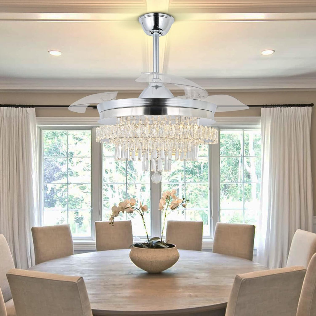 Finktonglan 42' Crystal Fandelier Ceiling Fan with Light, Retractable Blades, Dimmable 60W LED, Remote & App Control, Quiet Reversible Motor, 6 Speeds & Timer, Downrod Mount