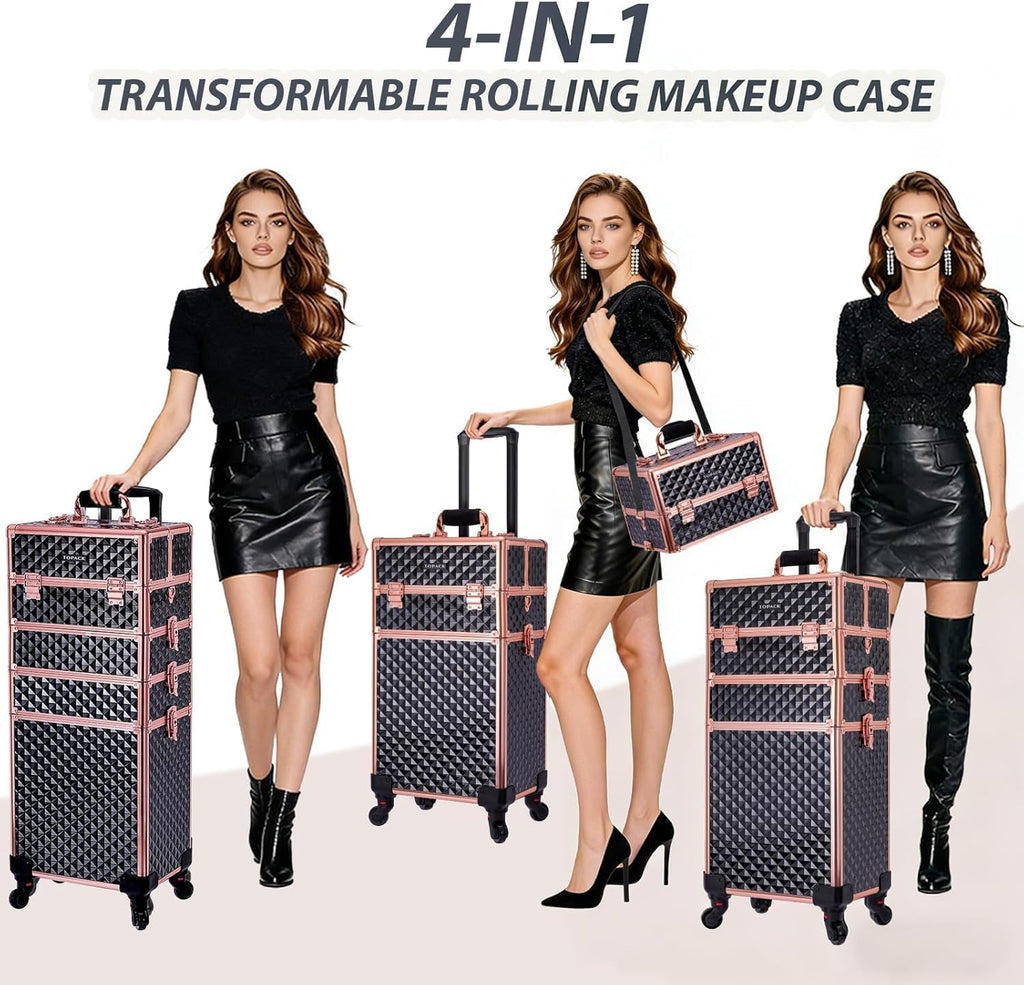 TOPACK Professional 4-In-1 Rolling Makeup Train Case, Large Makeup Travel Case with Key Shoulder Strap/Handle Cushion I Makeup Train Case I Makeup Nail Cart I Cosmetology Case on Wheels(Black Glod)