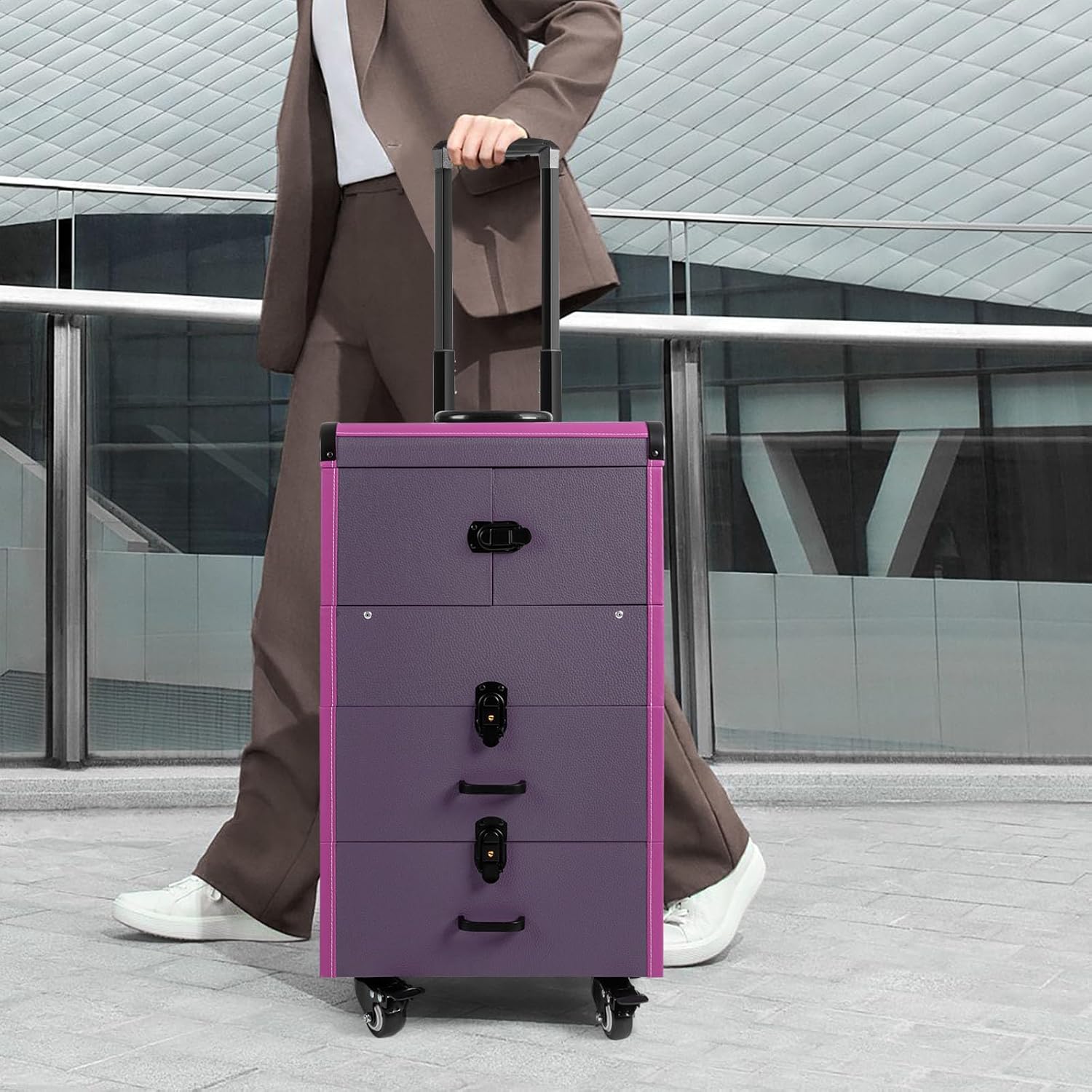 Professional Rolling Makeup Case Train Case Portable Cosmetic Organizer Trolley Lockable Rolling Make-ups Case Storage Cart Makeup Train Case Cosmetology Case On Wheels (Purple|4 trays)