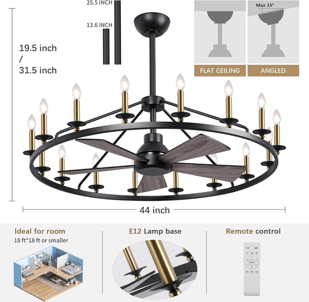 44' Wagon Wheel Chandelier with Fans, Black and Gold Wagon Wheel Ceiling Fan with 16-Light and Remote, Farmhouse Chandelier for Living Room, Adjustable Height, 6-Speed Reversible Quiet Large Fandelier