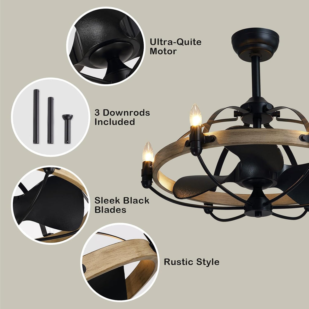 27'' Farmhouse Ceiling Fan with Light Remote Control, Vintage Cage Ceiling Fan with Lights, Rustic Chandelier Fan for Kitchen Dining Room Living Room