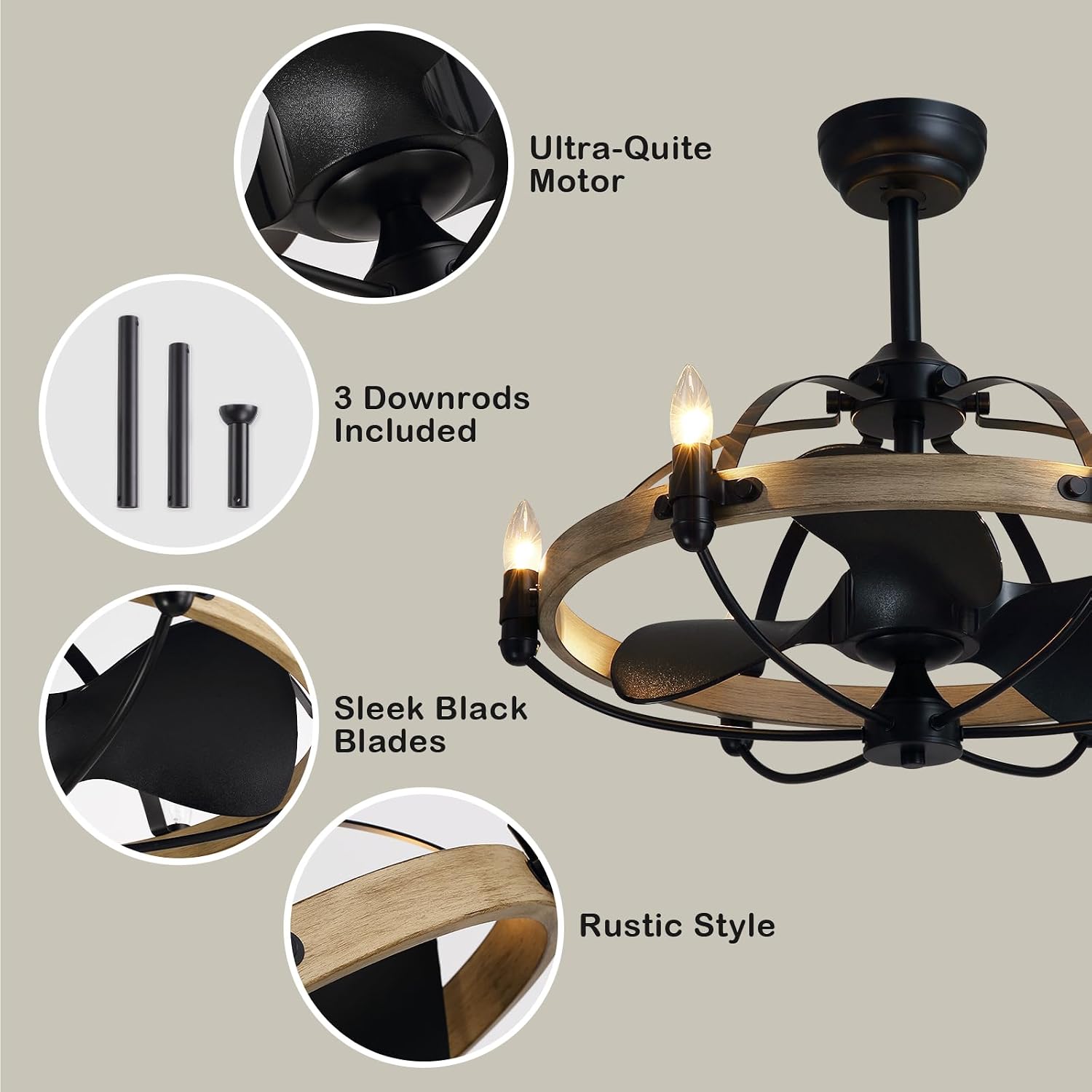 27'' Farmhouse Ceiling Fan with Light Remote Control, Vintage Cage Ceiling Fan with Lights, Rustic Chandelier Fan for Kitchen Dining Room Living Room