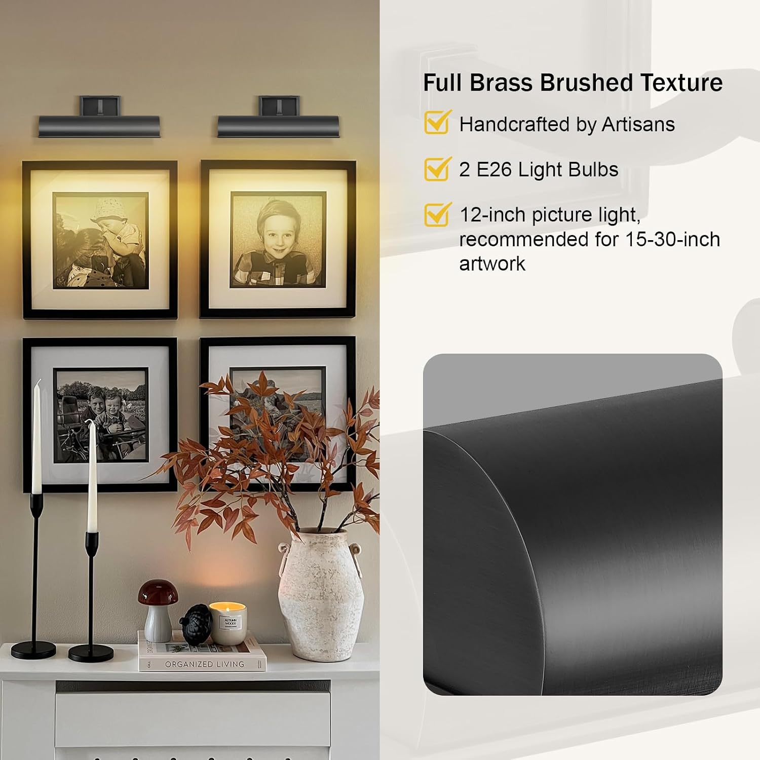 Modern 12in Bronze Picture Lights for Wall Hardwired, Black Picture Light Adjustable Picture Frames Lights Horizontal Wall Sconce for Painting, Artwork, Gallery, Bookcase Includes Bulbs