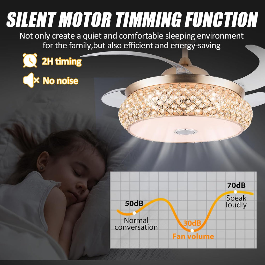 WWahuayuan 42 Inch Retractable Invisible Ceiling Fan with Light and Bluetooth Speaker, Modern Bluetooth Fan Chandelier with Remote Control 3 Color Change 36W LED