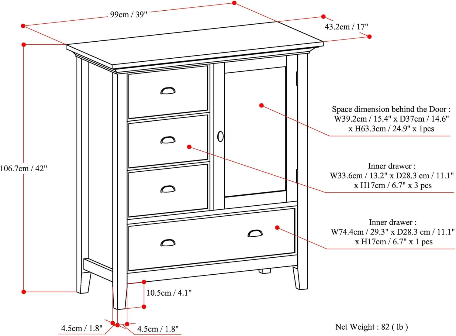SIMPLIHOME Redmond Storage Cabinet - 39 inch Wide Solid Wood Medium Storage Cabinet in Black, Transitional Accent Cabinet for Entryway or Living Room with 4 Drawers and Cabinet Storage
