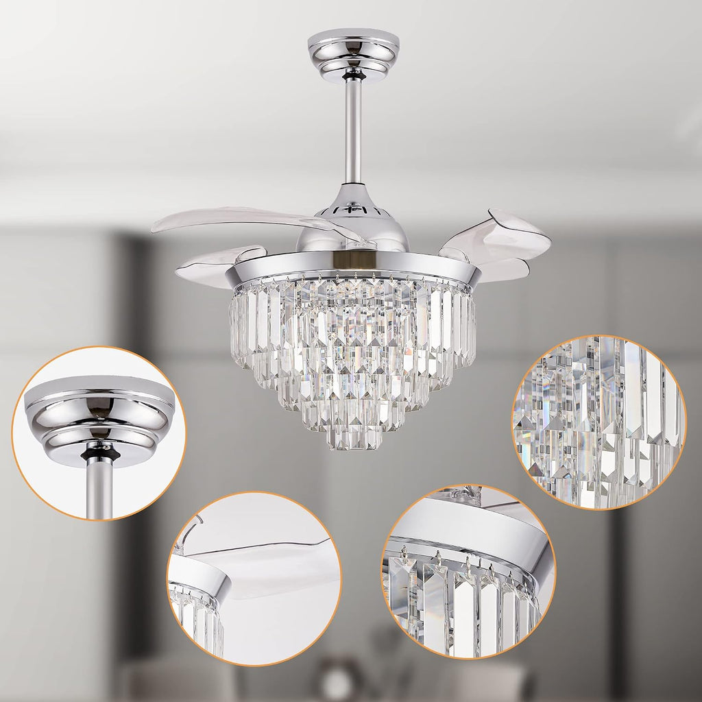 Finktonglan 36' Crystal Fandelier Ceiling Fan with Light, Retractable Blades, Dimmable 72W LED, Remote & App Control, Quiet Reversible Motor, 6 Speeds, Chrome Flush Mount for Bedroom/Living Room