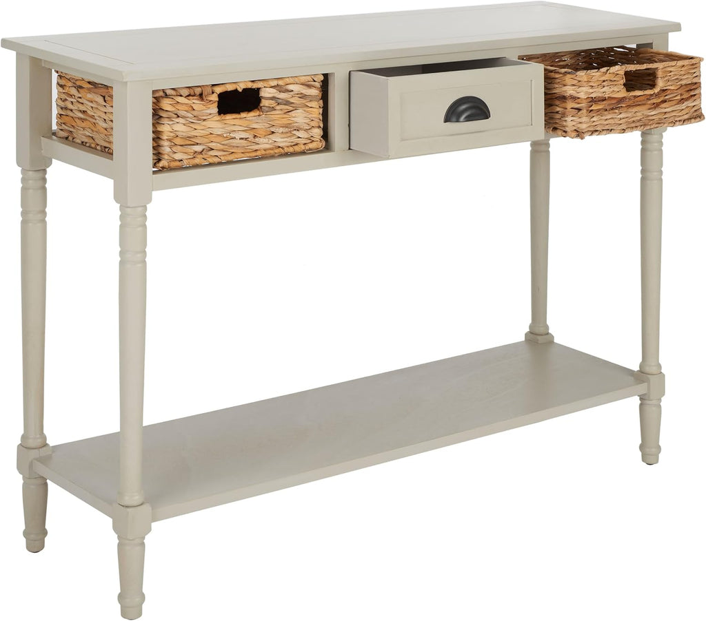 SAFAVIEH Home Collection – Christa Vintage Grey Console Table with Rattan Drawers & Shelf, Coastal Cottage Storage Console, Vintage Design (AMH5737D)