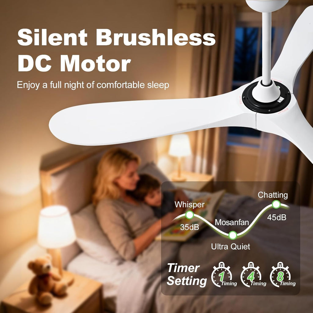 52 Inch Ceiling Fans with Lights and Remote, Wood Outdoor Ceiling Fan with 6 Speed Noiseless DC Motor, Indoor Modern 3 Blade Propeller Ceiling Fan for Bedroom Living Room Gazebo Patio (White)