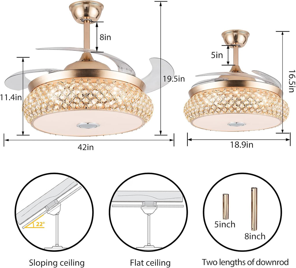 WWahuayuan 42 Inch Retractable Invisible Ceiling Fan with Light and Bluetooth Speaker, Modern Bluetooth Fan Chandelier with Remote Control 3 Color Change 36W LED