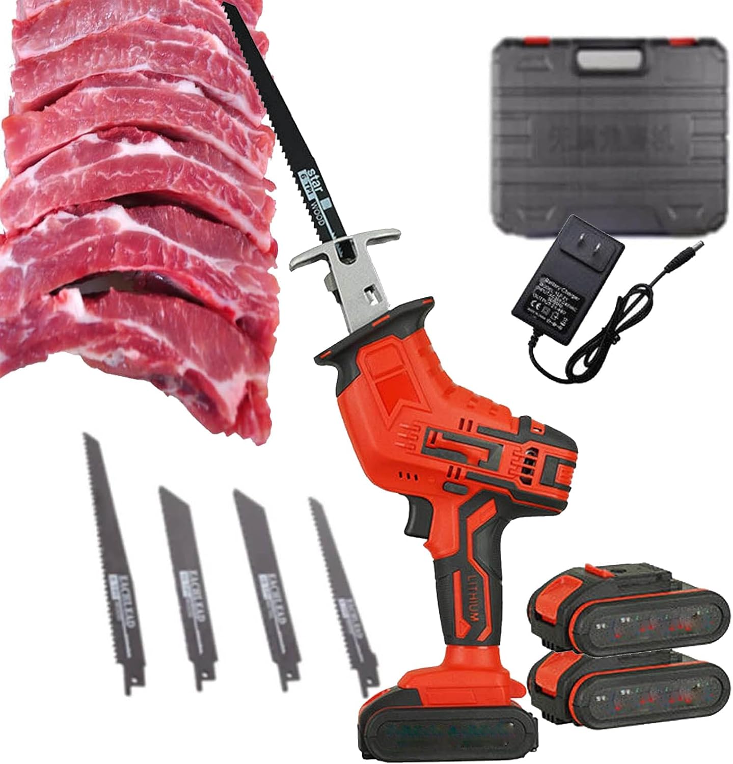 Electric Bone Cutting Machine(With 4 Saw Teeth), Cordless Reciprocating Saw,1/2 Batteries, 0-3000rpm Variable Speed, LED Lighting, for Meat, Wood, Metal,2-Battery