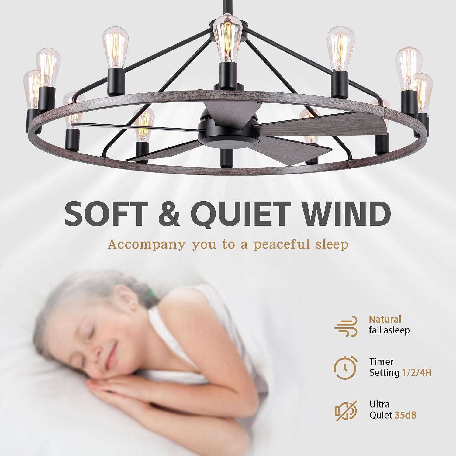 She's home 43' Wood Color Wagon Wheel Chandelier with Fan, 12-Lights Large Round Candle Farmhouse Fandelier Ceiling Fan with Light Fixture for Living Room, Height Adjustable