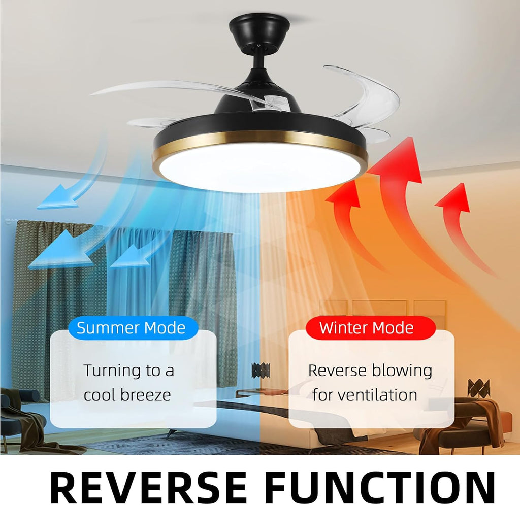 Retractable Ceiling Fan with Lights, 42' Fandelier, Black and Gold Bluetooth Ceiling Fan, Invisible Blades, Dimmable Chandelier Ceiling Fan with Remote Control