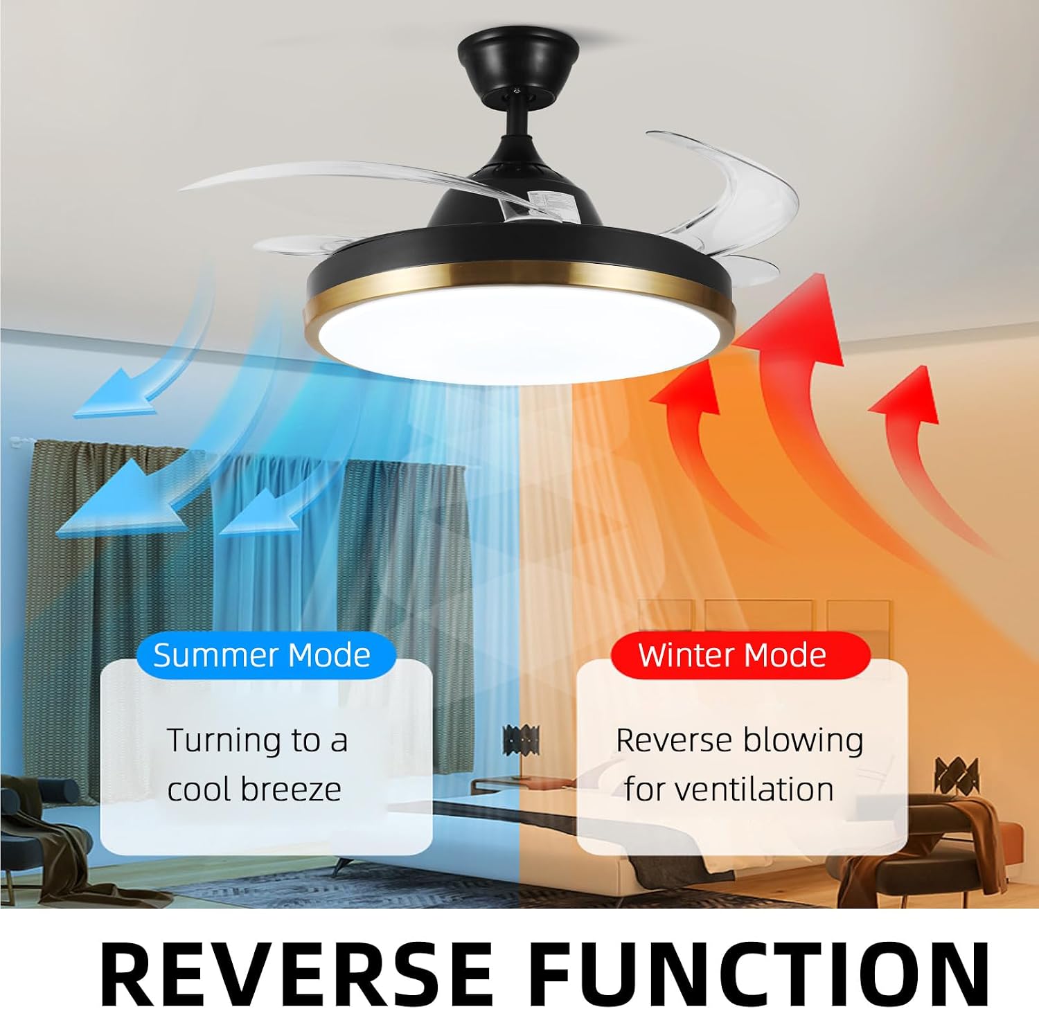 Retractable Ceiling Fan with Lights, 42' Fandelier, Black and Gold Bluetooth Ceiling Fan, Invisible Blades, Dimmable Chandelier Ceiling Fan with Remote Control