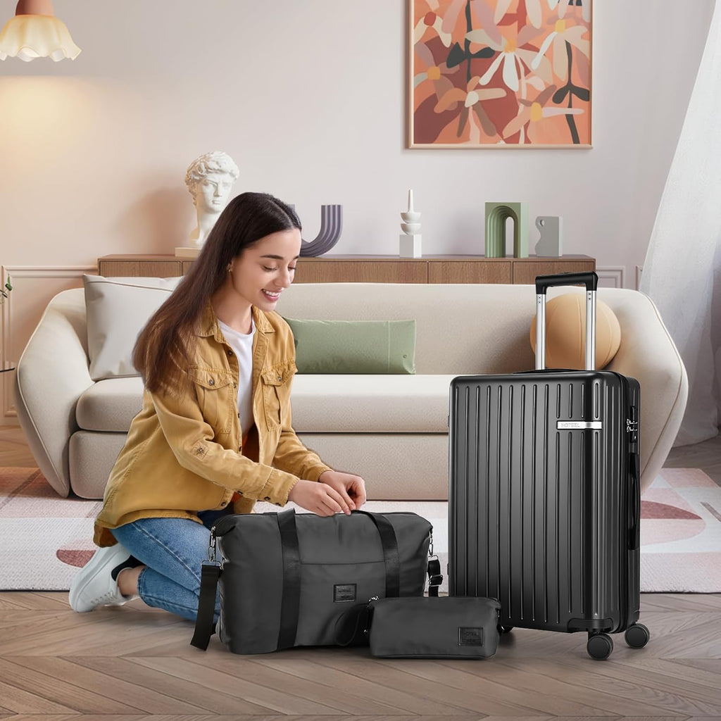 Hoteel Luggage Sets 3 Piece ABS+PC Hardside, 4-Year Warranty, Luggage Set with Spinner Wheels, TSA Lock, Lightweight Carry on Luggage, 20' Suitcase with Duffel & Organizer, Black