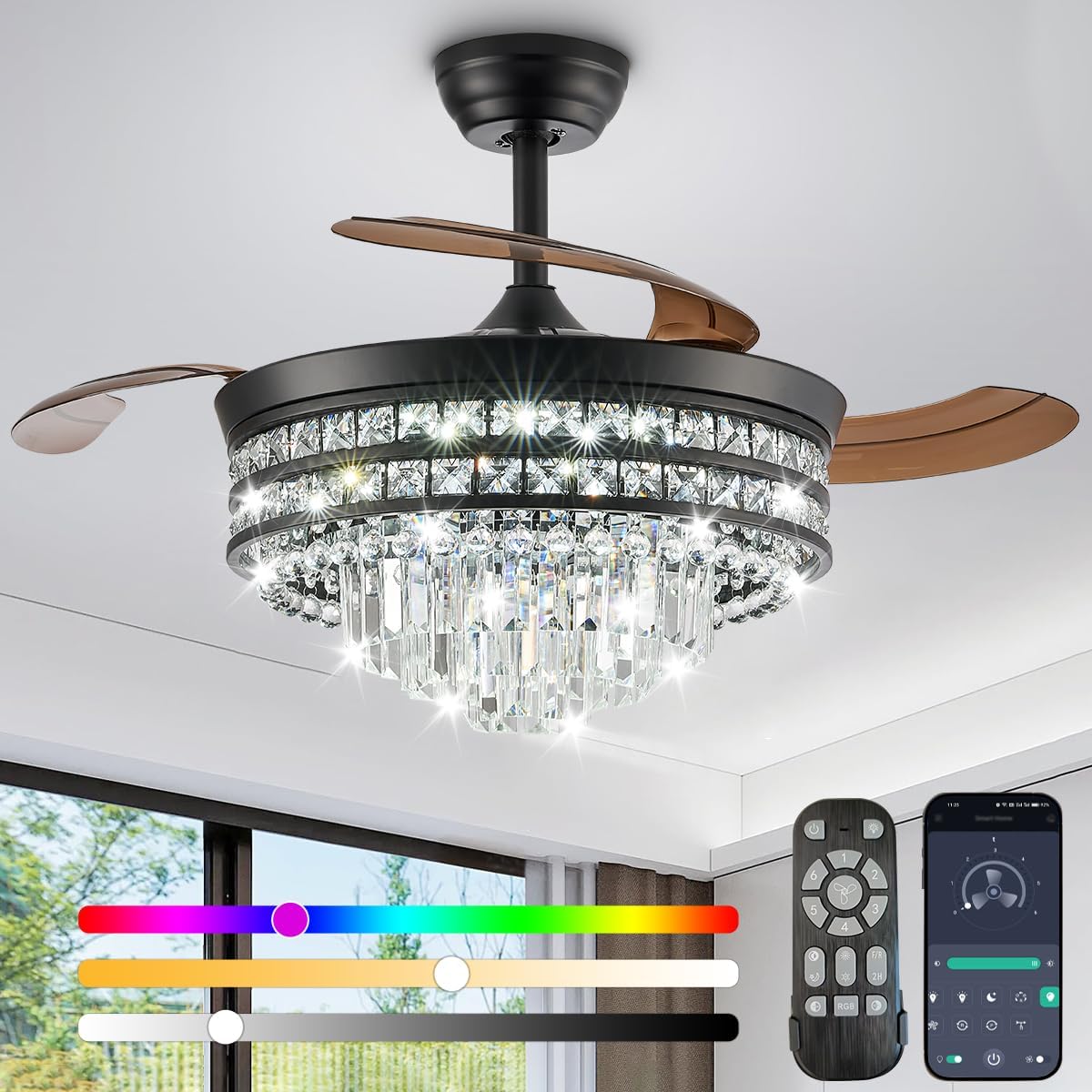 RGB Retractable Fandelier Ceiling Fans with Light and Remote/App, 42' Modern Crystal LED Chandelier Fan, Bladeless Lighting & Ceiling Fans Bedroom, Kitchen | Ventilador de Techo Con Luz, Black
