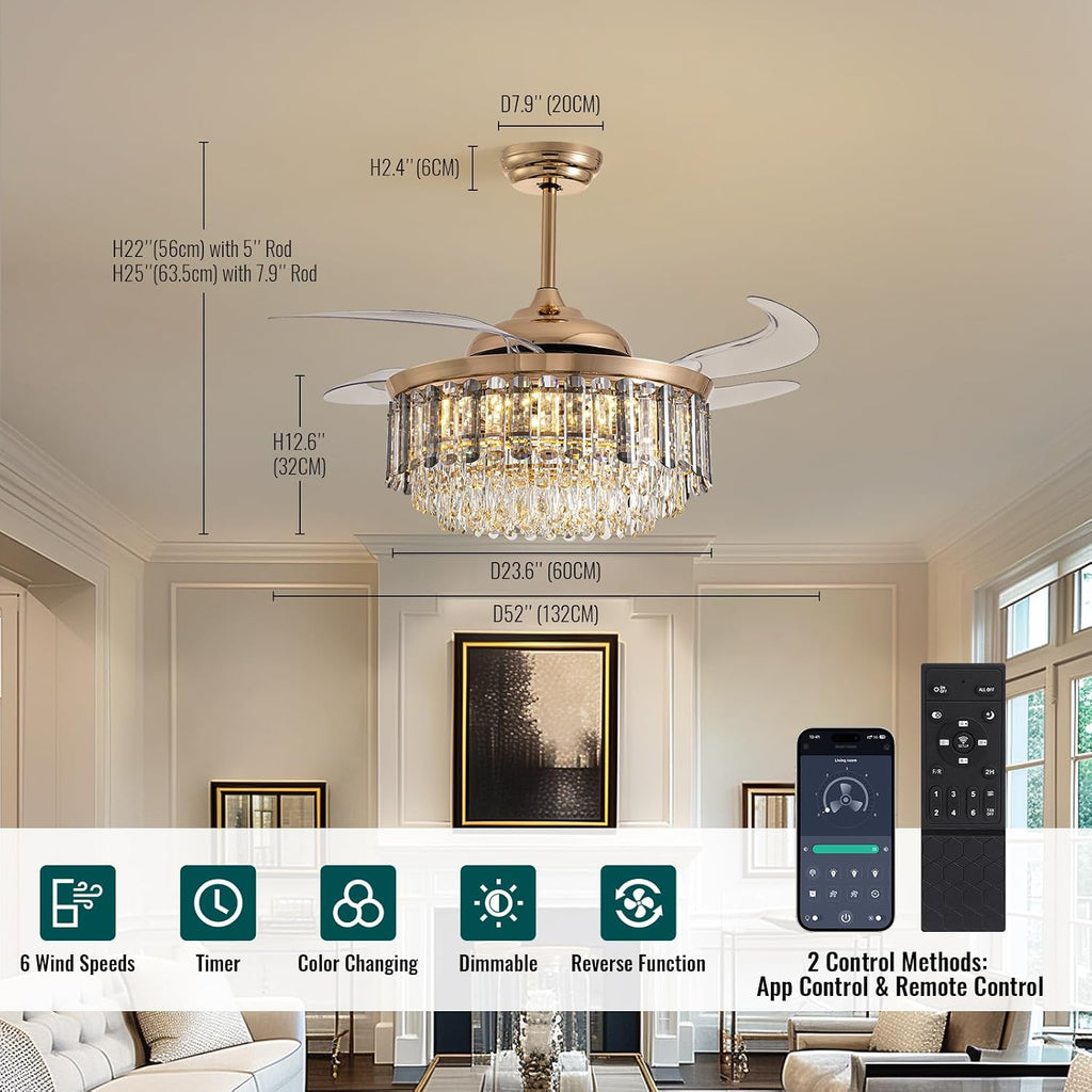 Siljoy 52'' Crystal Ceiling Fans with Lights and Remote, Modern Rose Gold Crystal Chandelier with Fan, 6 Speeds, Luxury Dimmable Fandelier for Living Room Dining Room Bedroom Nursery