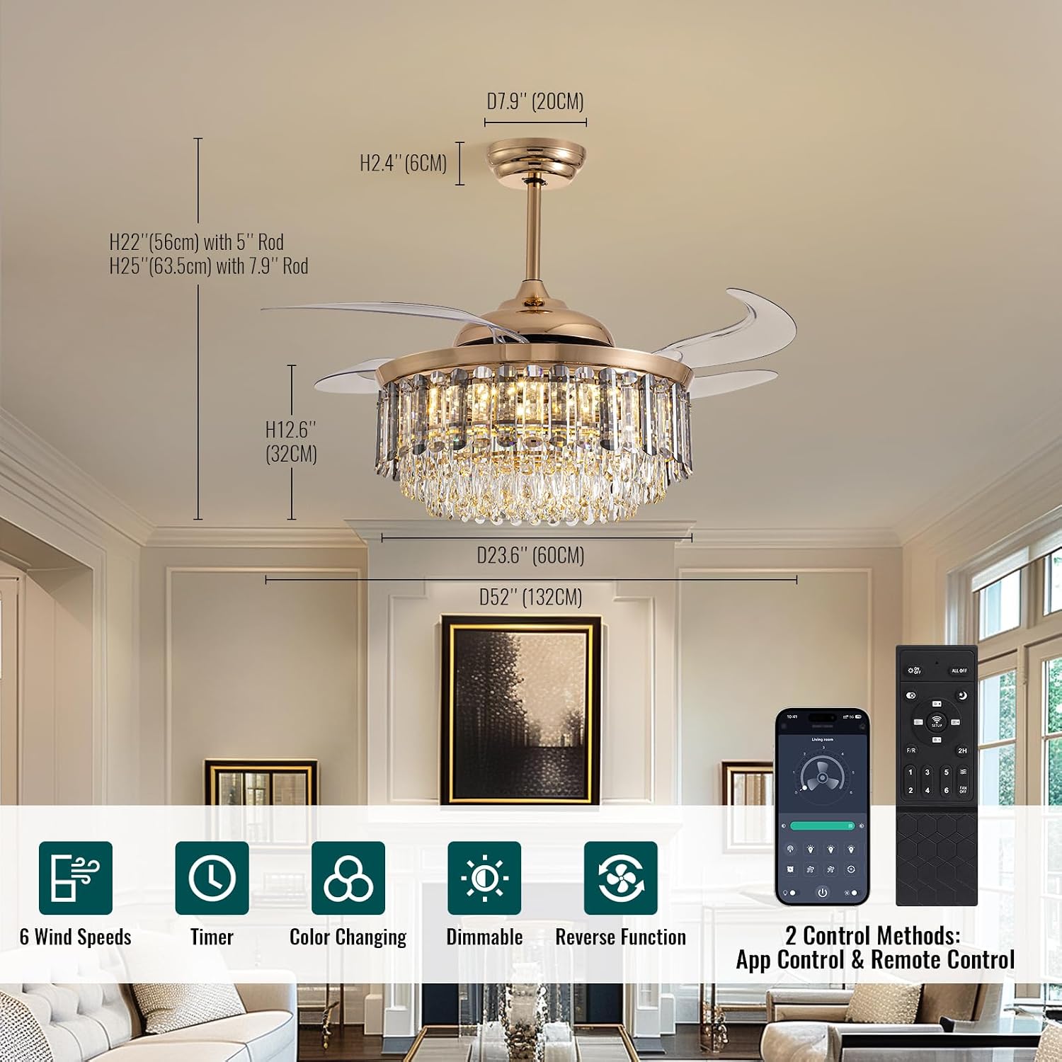 Siljoy 52'' Crystal Ceiling Fans with Lights and Remote, Modern Rose Gold Crystal Chandelier with Fan, 6 Speeds, Luxury Dimmable Fandelier for Living Room Dining Room Bedroom Nursery