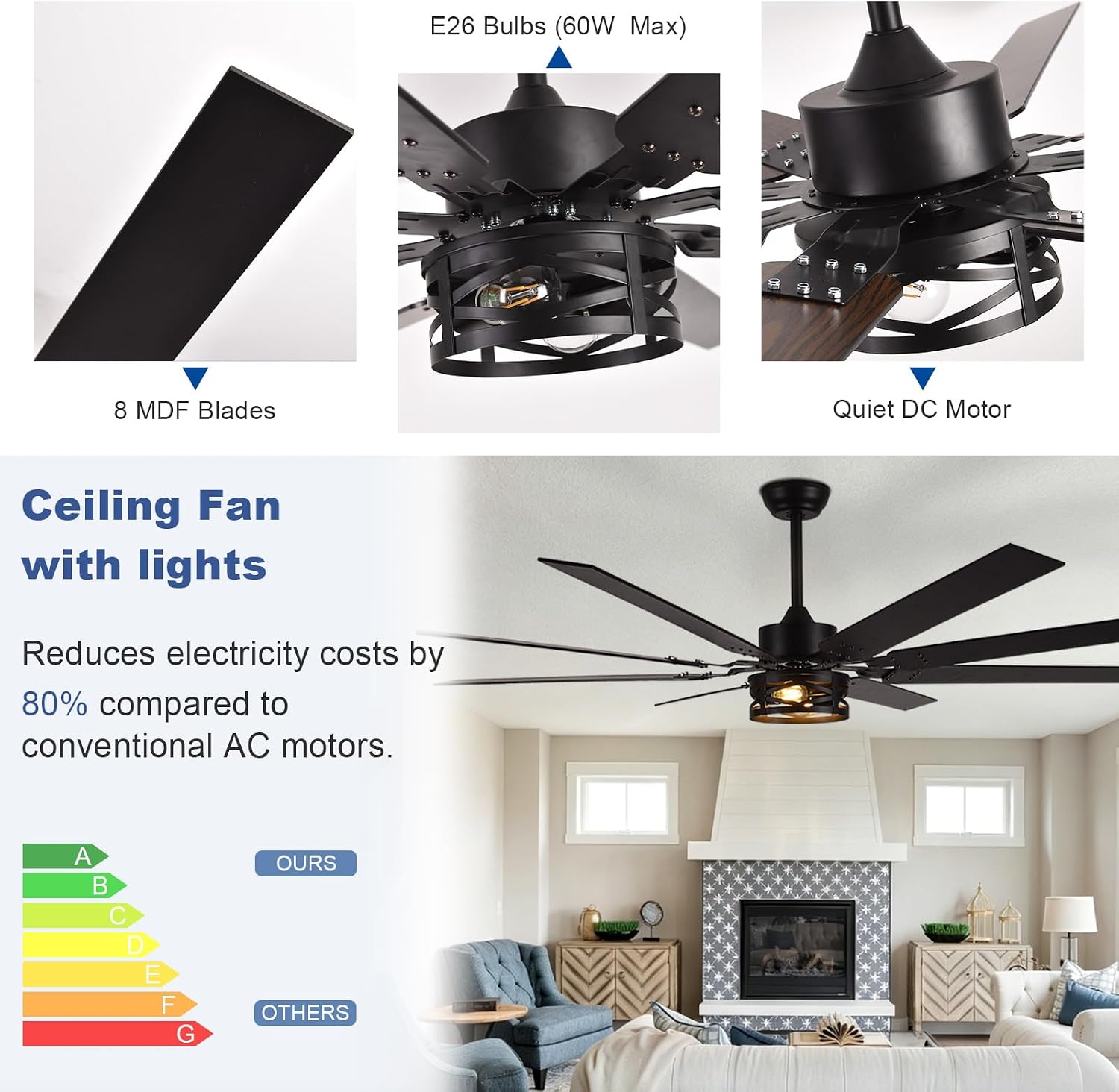 Depuley 72-Inch Ceiling Fans with Lights: Large Ceiling Fans Dual Finish 8 Blades - Rustic Ceiling Fan with Remote Control for Farmhouse Living Room Outdoor Porch Noiseless (Black Walnut)