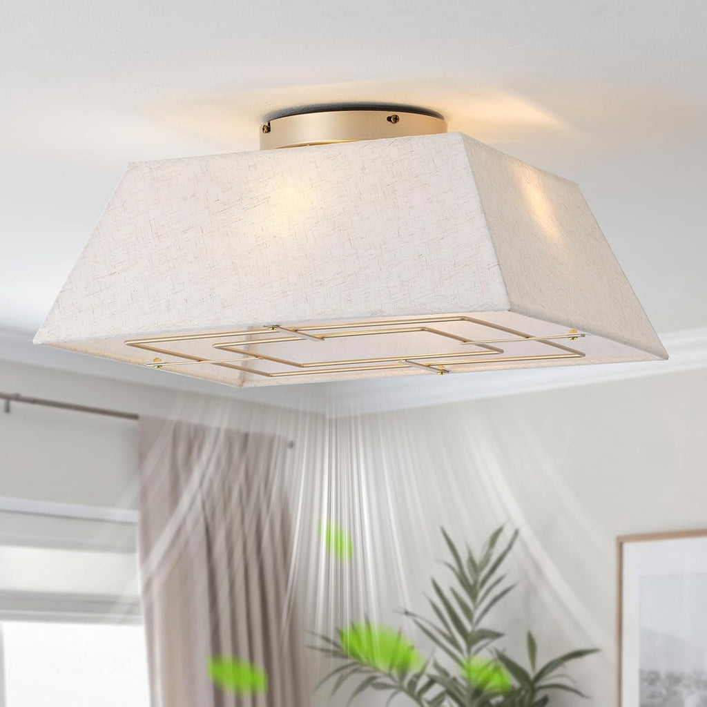 20' Boho Ceiling Fans with Lights Flush Mount, Bladeless Ceiling Fan with Light Remote Control, Square with 6 Speeds for Bedroom, Living Room, Nursery (Beige)
