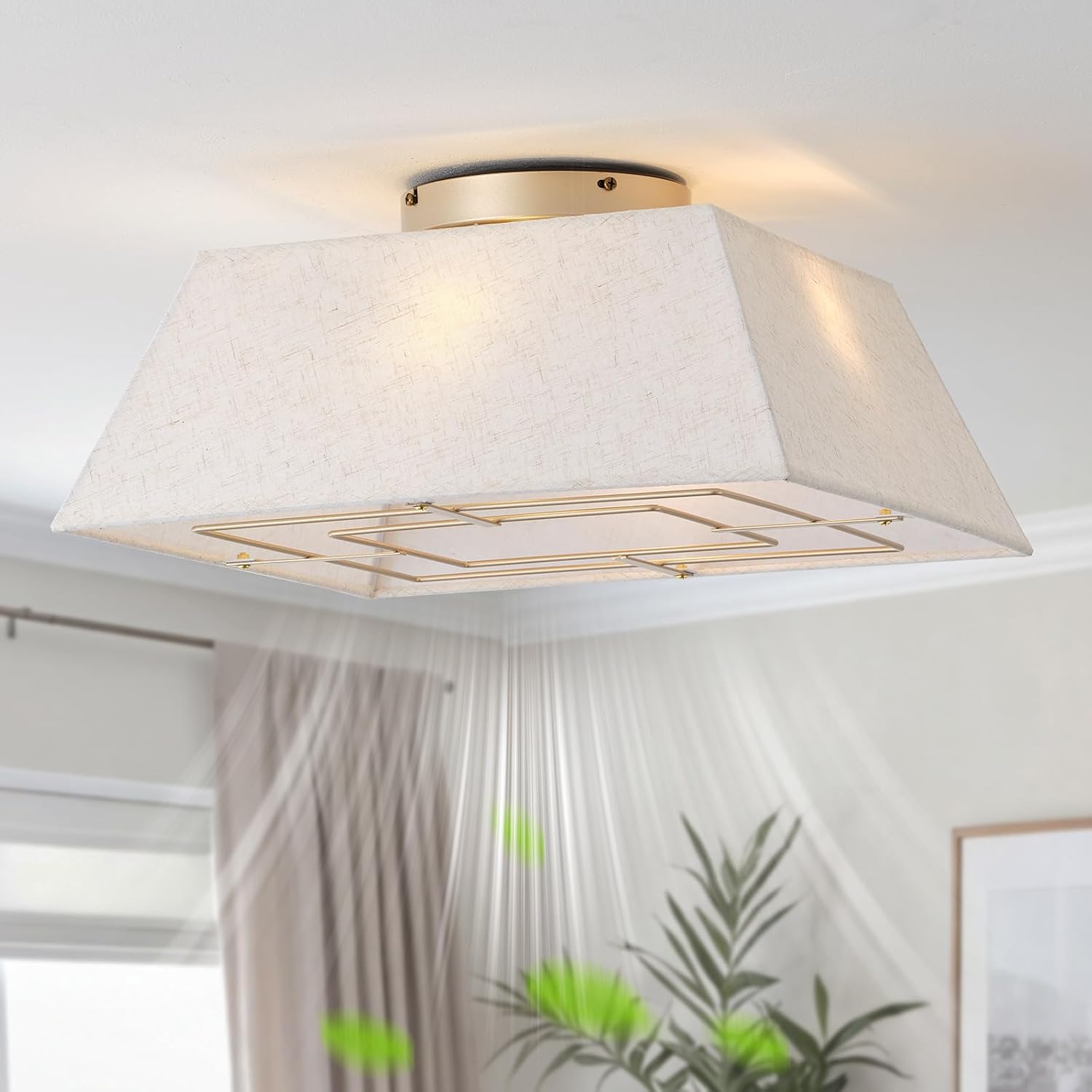20' Boho Ceiling Fans with Lights Flush Mount, Bladeless Ceiling Fan with Light Remote Control, Square with 6 Speeds for Bedroom, Living Room, Nursery (Beige)