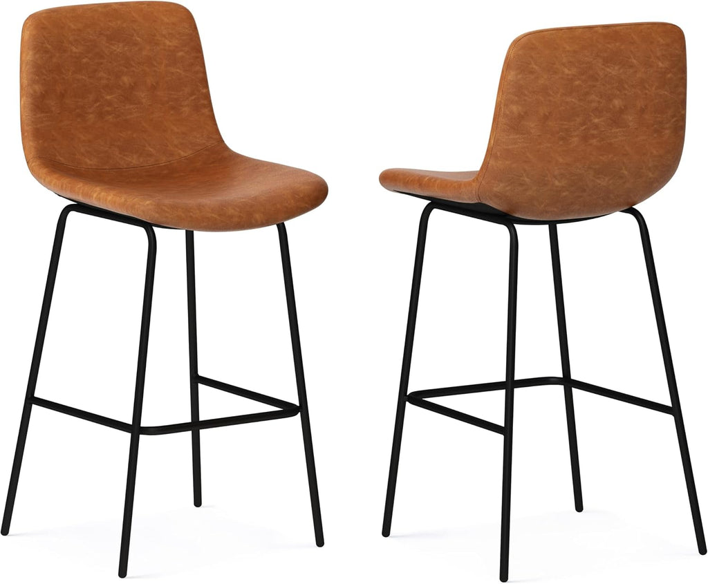 SIMPLIHOME Jolie Contemporary 28 inch Bar Stool (Set of 2) in Camel Brown Vegan Faux Leather for the Dining Room and Kitchen