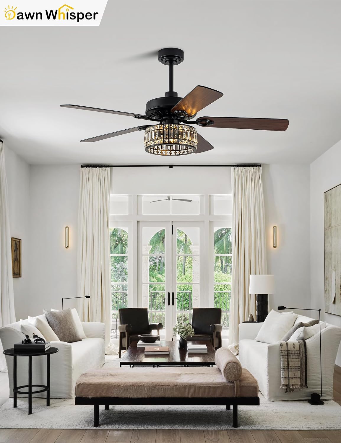 Dawn Whisper 52 Inch Black Crystal Chandelier Ceiling Fans with Lights Modern Farmhouse Vintage Ceiling Fans for Living Room Bedroom Quiet Reversible DC Motor 6 Speeds 3*E26 Light Bulbs Base
